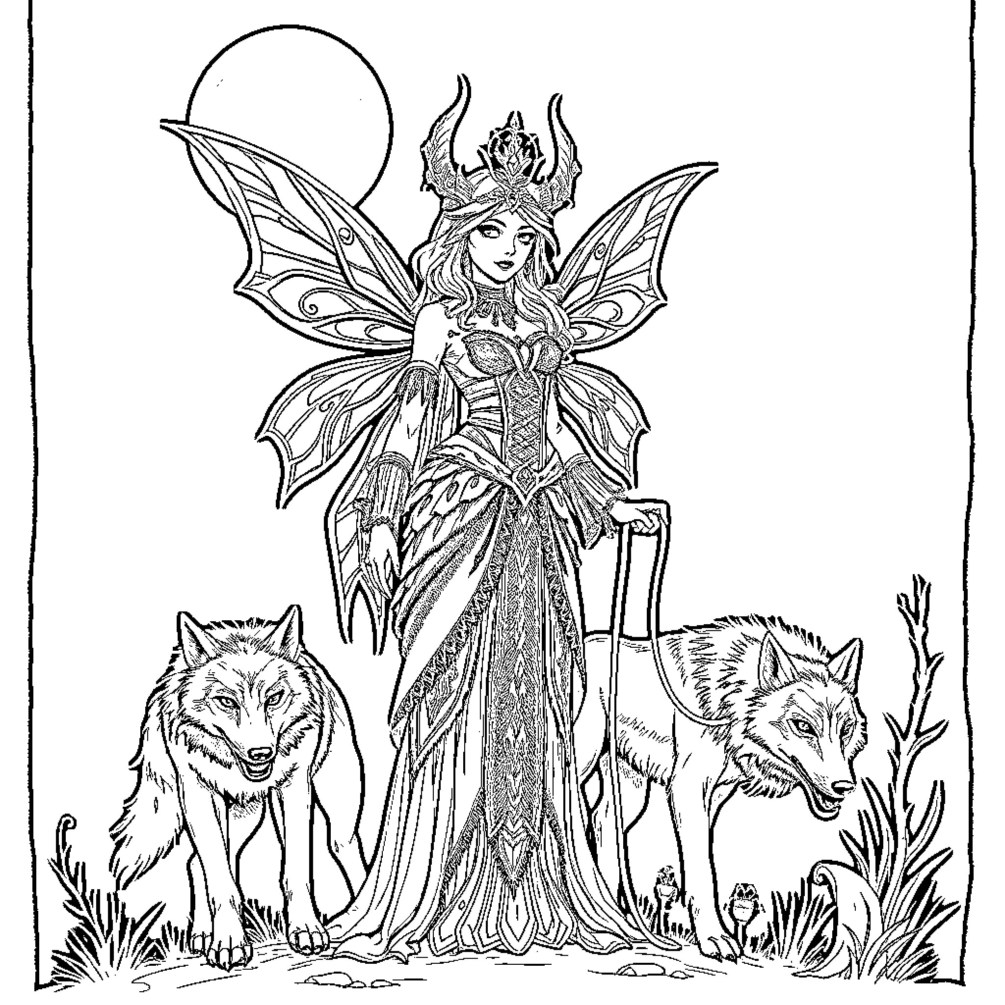 Fairy Queen surrounded by enchanted wolves Coloring Page (free black-and-white line drawing printable PDF for all, from beginners to advanced learners, including children, teens, adults, and seniors)