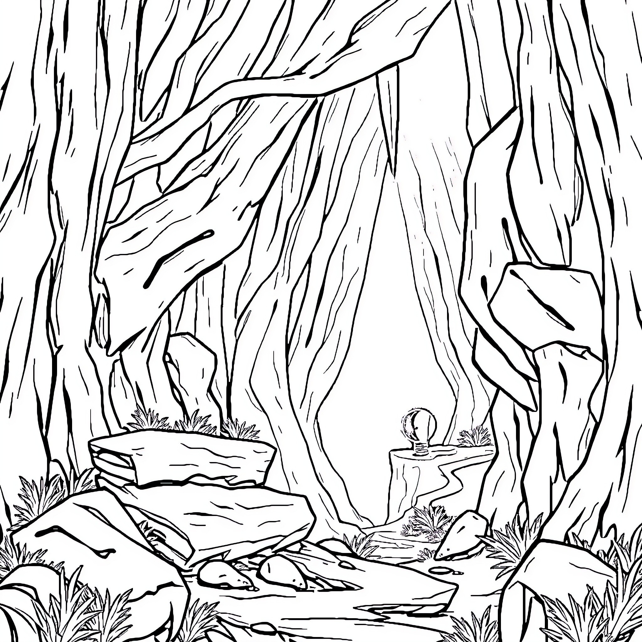 Deltarune: Mysterious forest path with hidden elements Coloring Page (free black-and-white line drawing printable PDF for all, from beginners to advanced learners, including children, teens, adults, and seniors)
