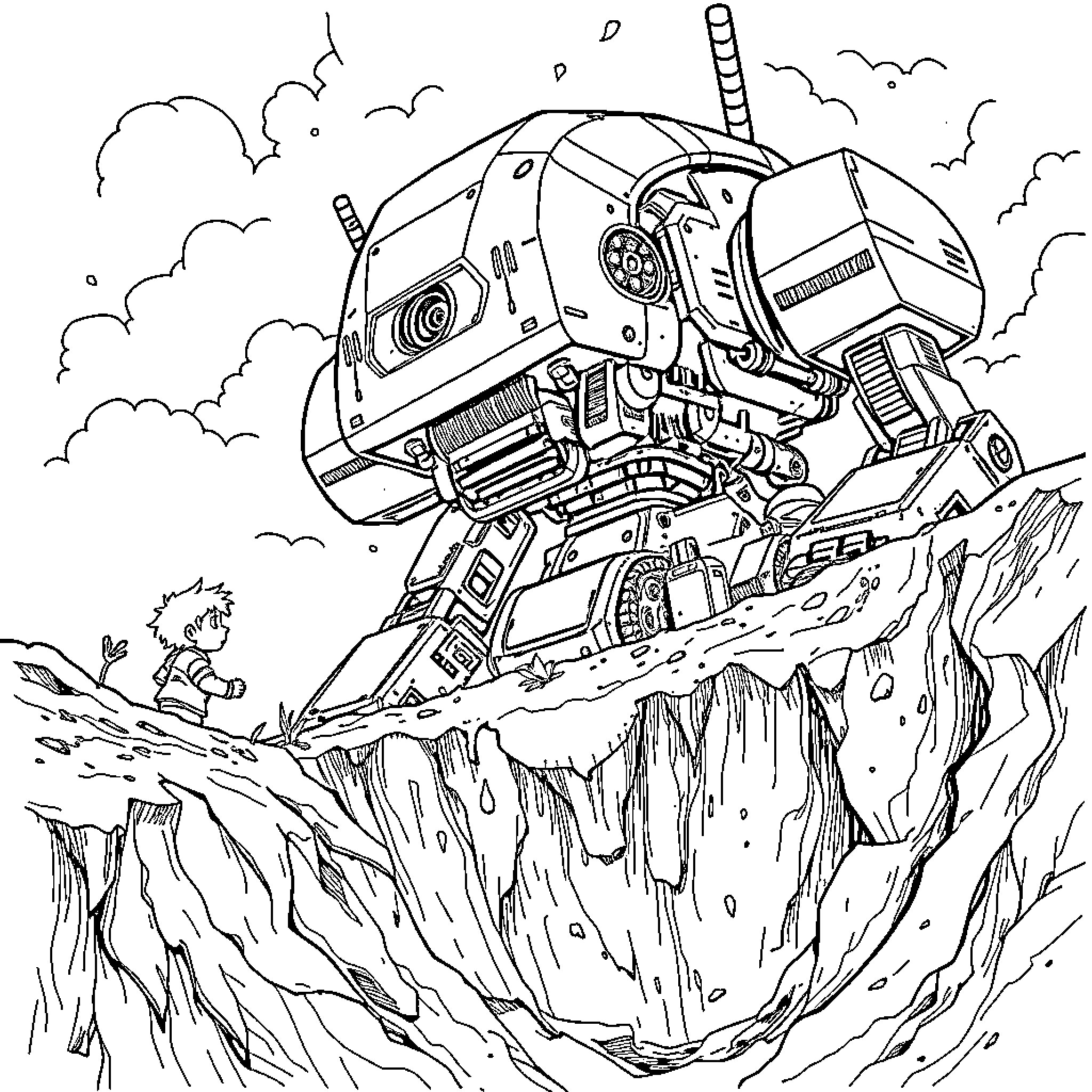 Robot Explores Rugged Alien Landscape Coloring Page (free black-and-white line drawing printable PDF for all, from beginners to advanced learners, including children, teens, adults, and seniors)
