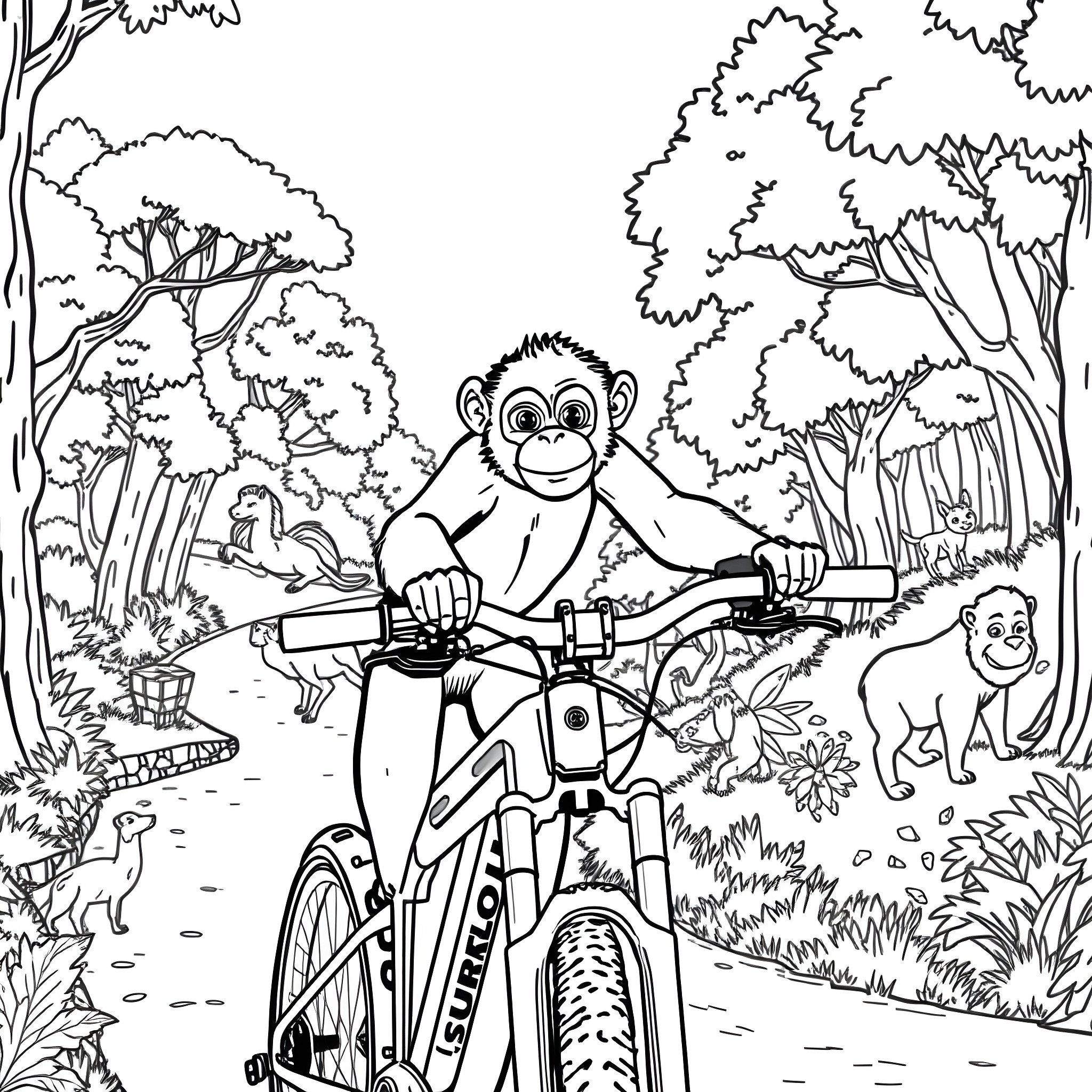 Monkey riding bicycle in the jungle Coloring Page (free black-and-white line drawing printable PDF for all, from beginners to advanced learners, including children, teens, adults, and seniors)