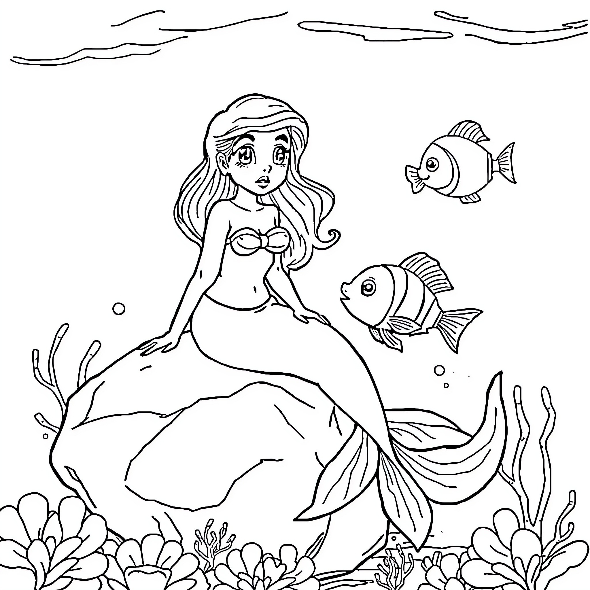 Mermaid Swimming with Colorful Fish Coloring Page (free black-and-white line drawing printable PDF for all, from beginners to advanced learners, including children, teens, adults, and seniors)