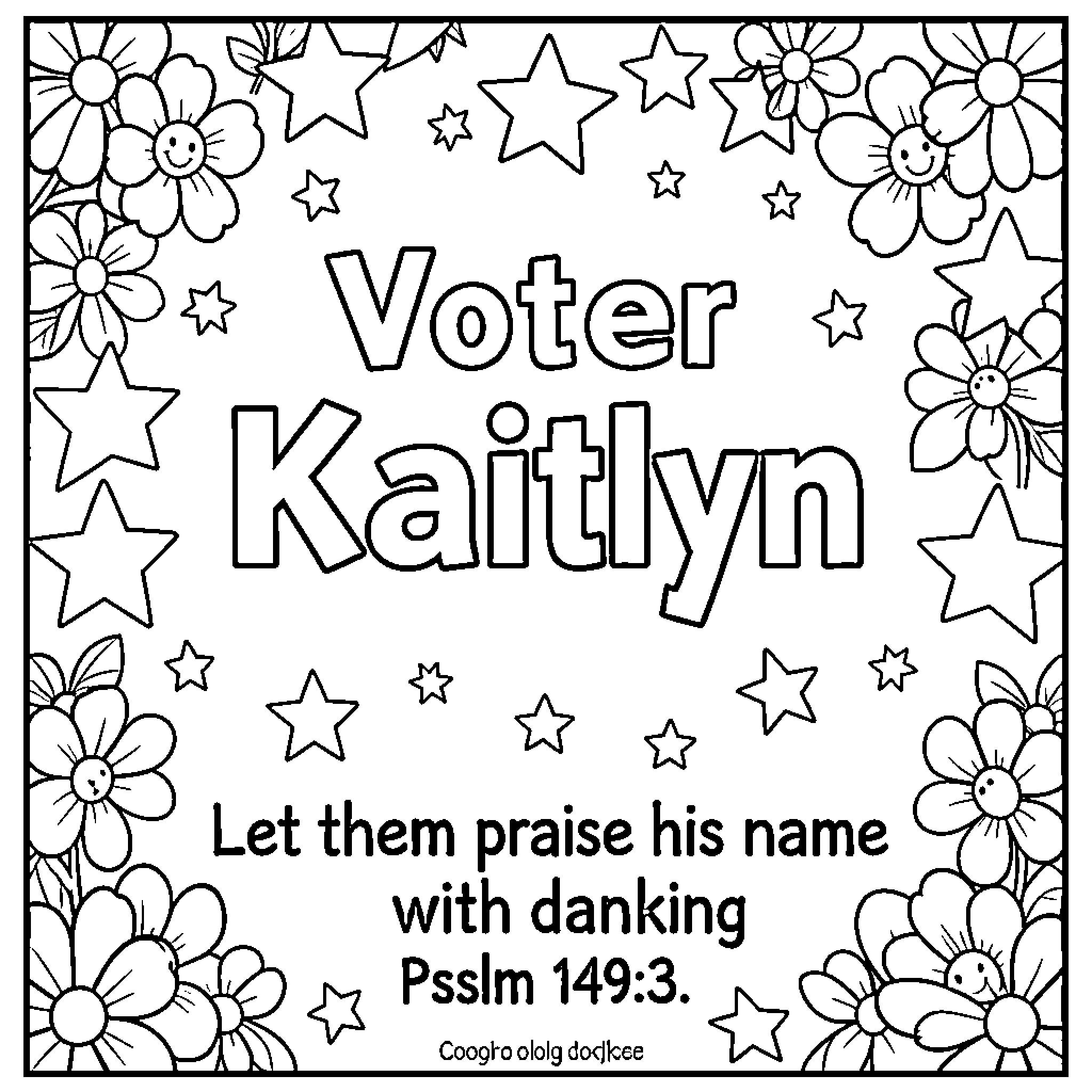 Kaitlyn's Voting Inspiration with Flowers and Stars Coloring Page (free black-and-white line drawing printable PDF for all, from beginners to advanced learners, including children, teens, adults, and seniors)