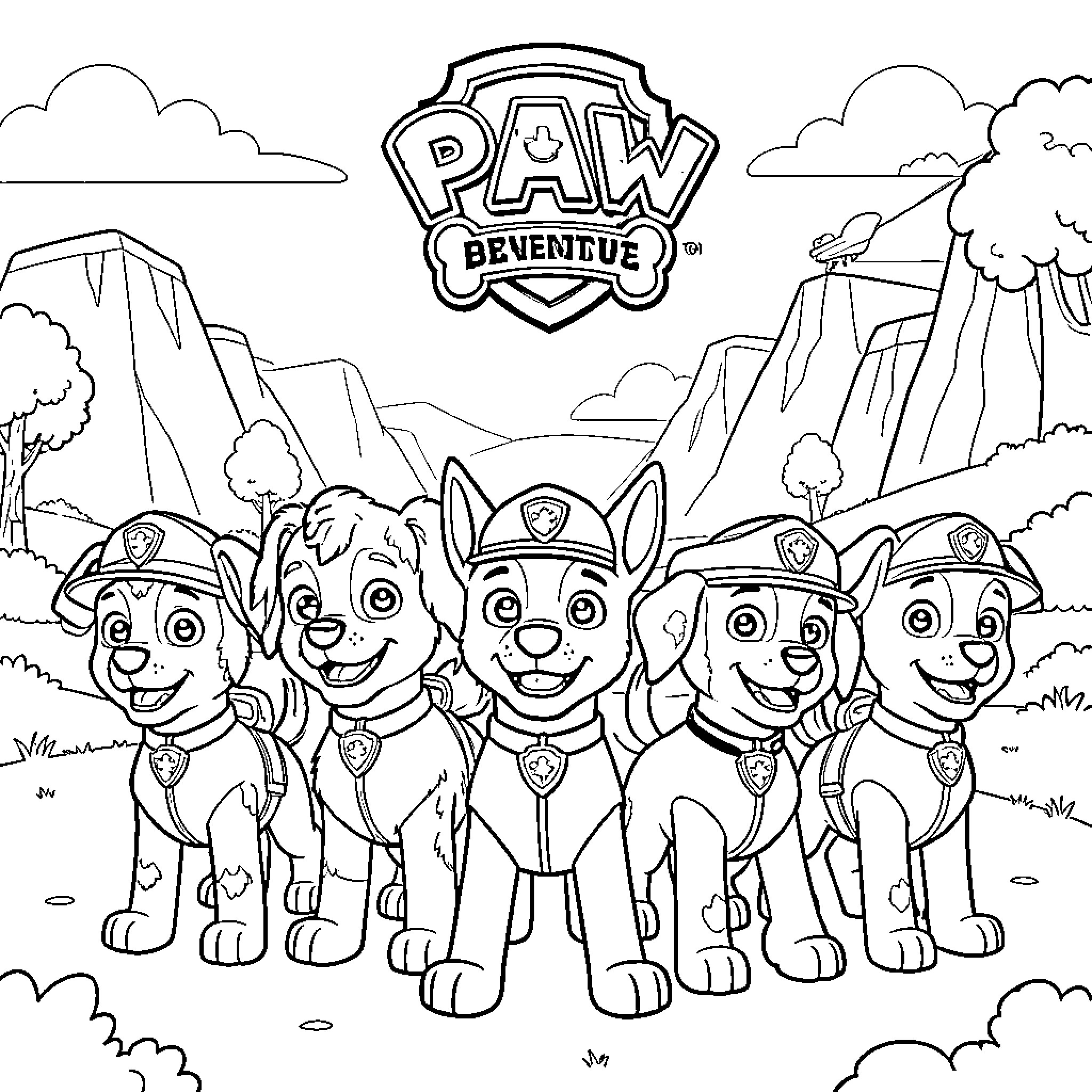 Paw Patrol pups on a mountain adventure Coloring Page (free black-and-white line drawing printable PDF for all, from beginners to advanced learners, including children, teens, adults, and seniors)