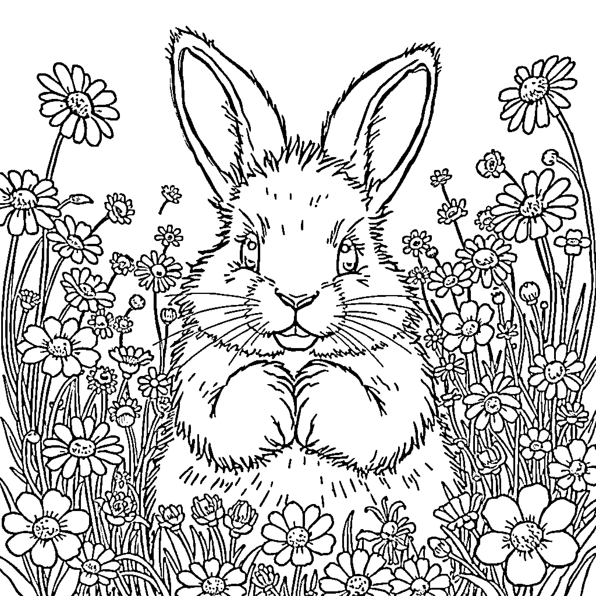 Bunny surrounded by blooming flowers Coloring Page (free black-and-white line drawing printable PDF for all, from beginners to advanced learners, including children, teens, adults, and seniors)