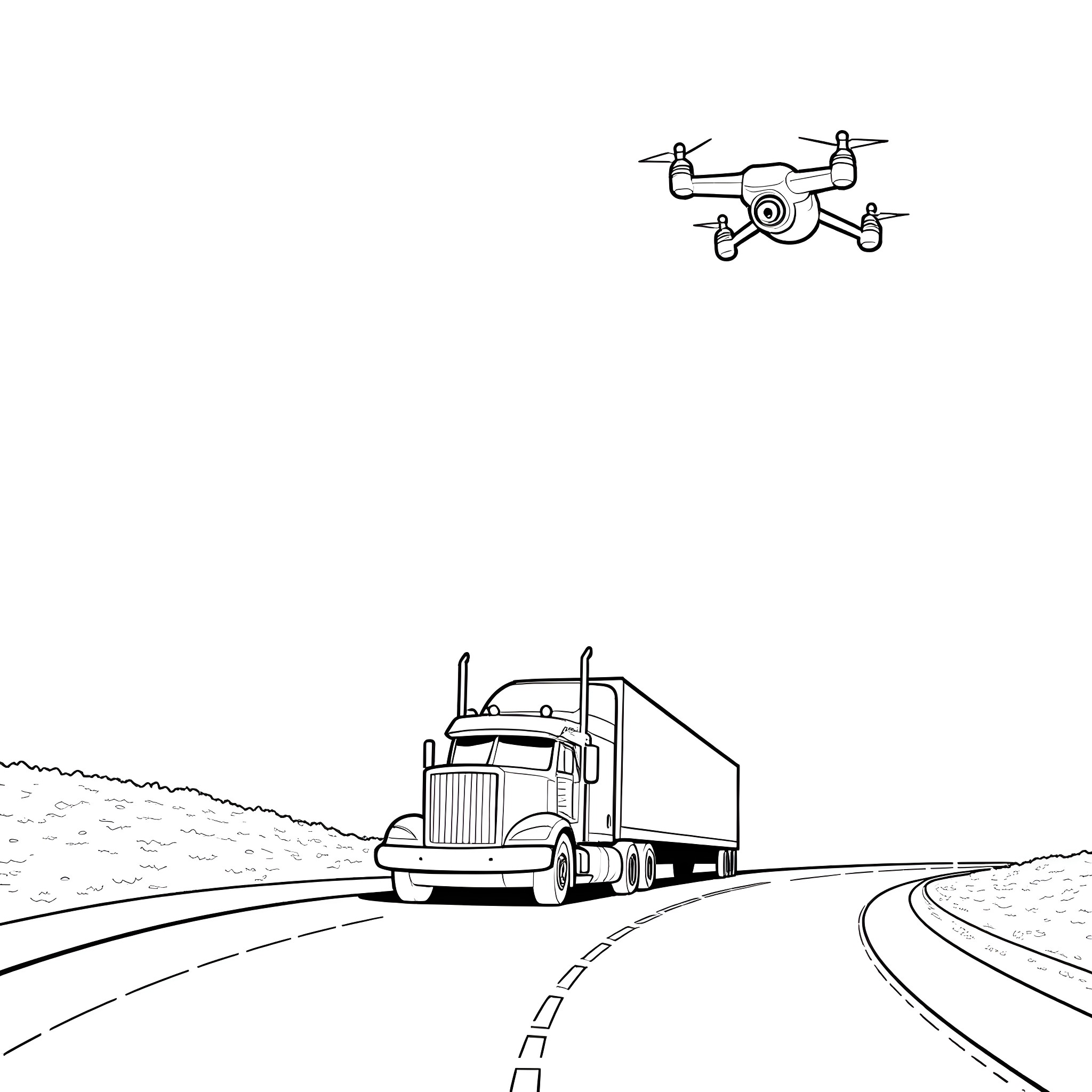 Drone flying over semi-truck on highway Coloring Page (free black-and-white line drawing printable PDF for all, from beginners to advanced learners, including children, teens, adults, and seniors)