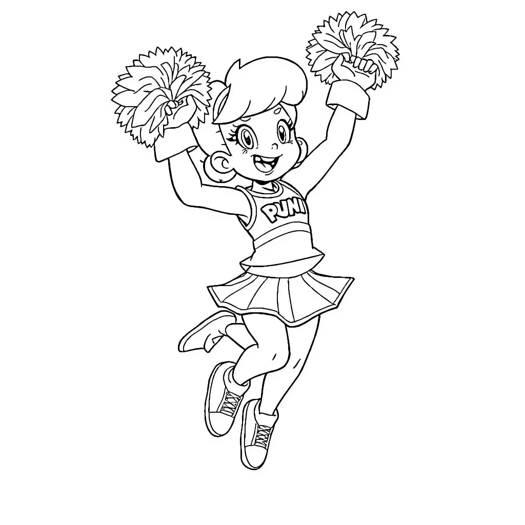 Bulma cheerfully cheering with pom-poms Coloring Page (free black-and-white line drawing printable PDF for all, from beginners to advanced learners, including children, teens, adults, and seniors)