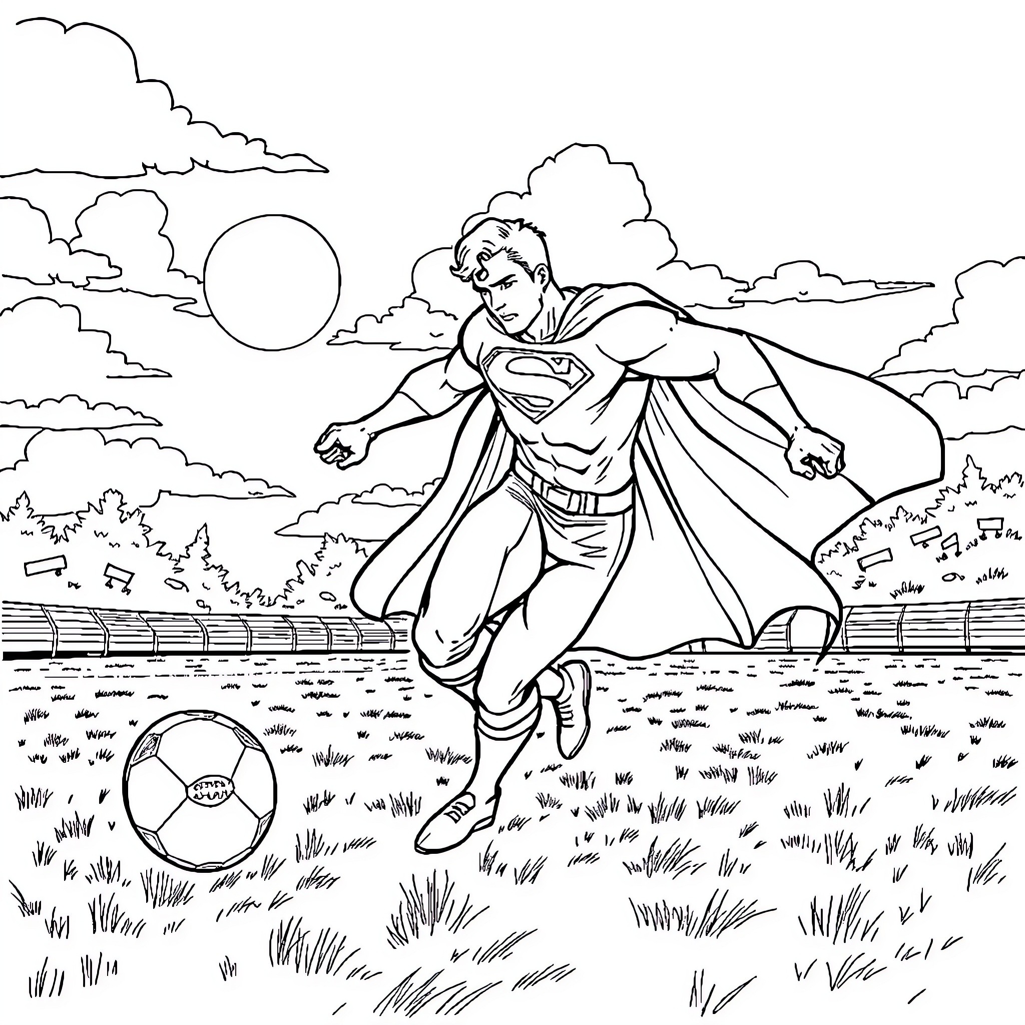 Superman soaring through the skies with a soccer ball Coloring Page (free black-and-white line drawing printable PDF for all, from beginners to advanced learners, including children, teens, adults, and seniors)