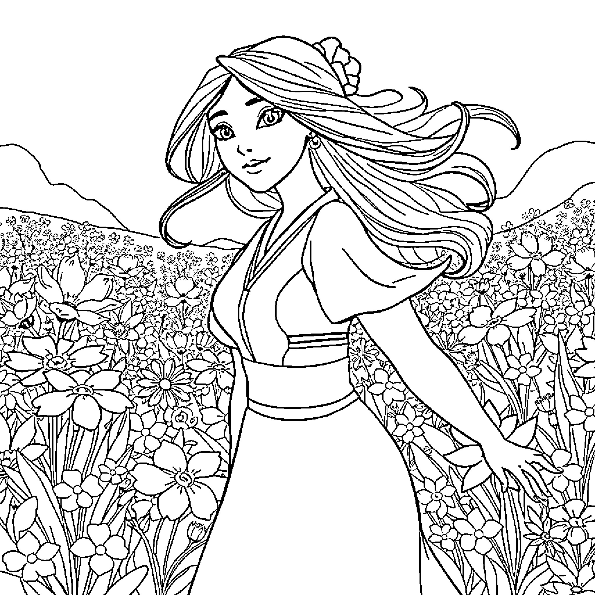 Mulan in a floral field of flowers Coloring Page (free black-and-white line drawing printable PDF for all, from beginners to advanced learners, including children, teens, adults, and seniors)