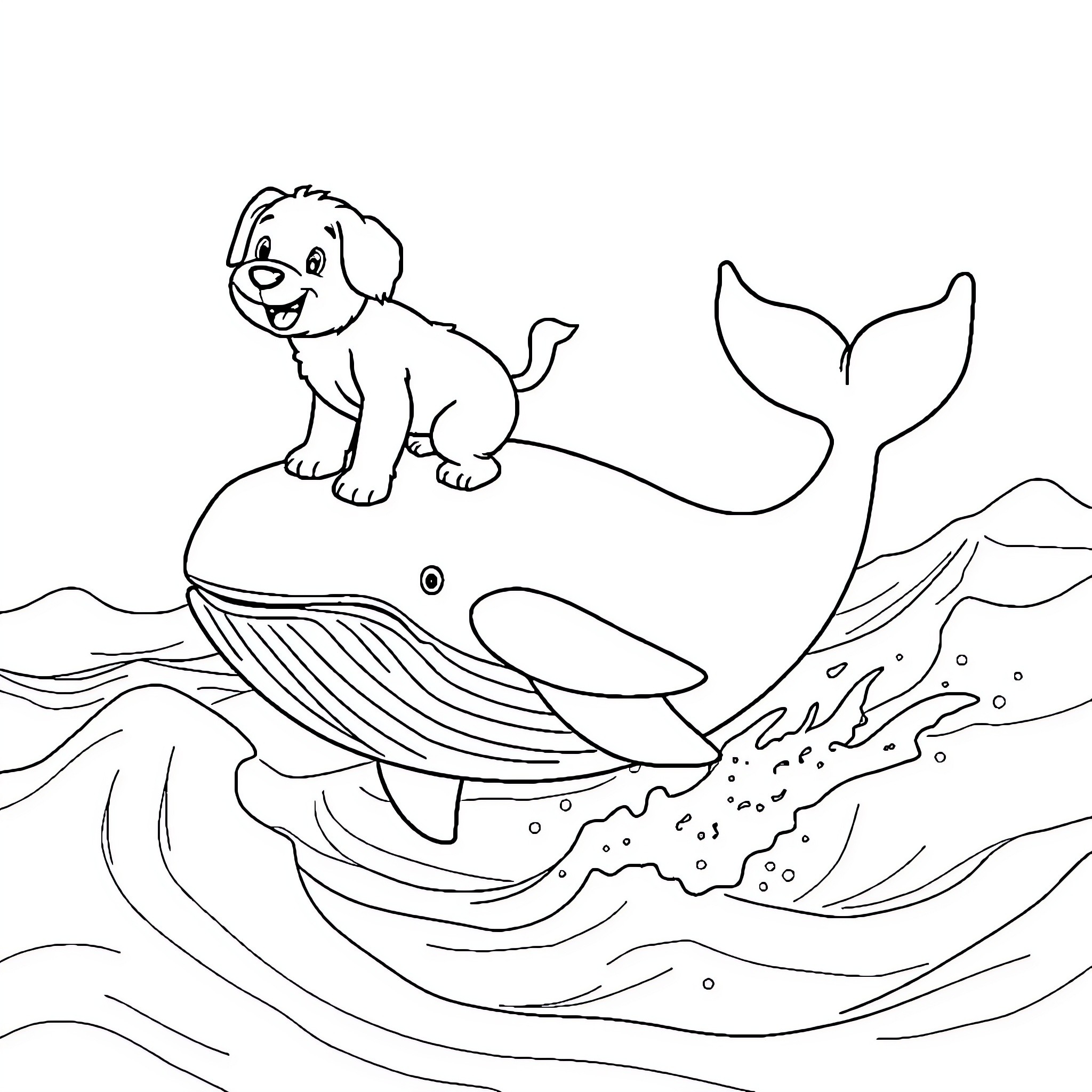 Puppy befriends playful whale in the ocean Coloring Page (free black-and-white line drawing printable PDF for all, from beginners to advanced learners, including children, teens, adults, and seniors)
