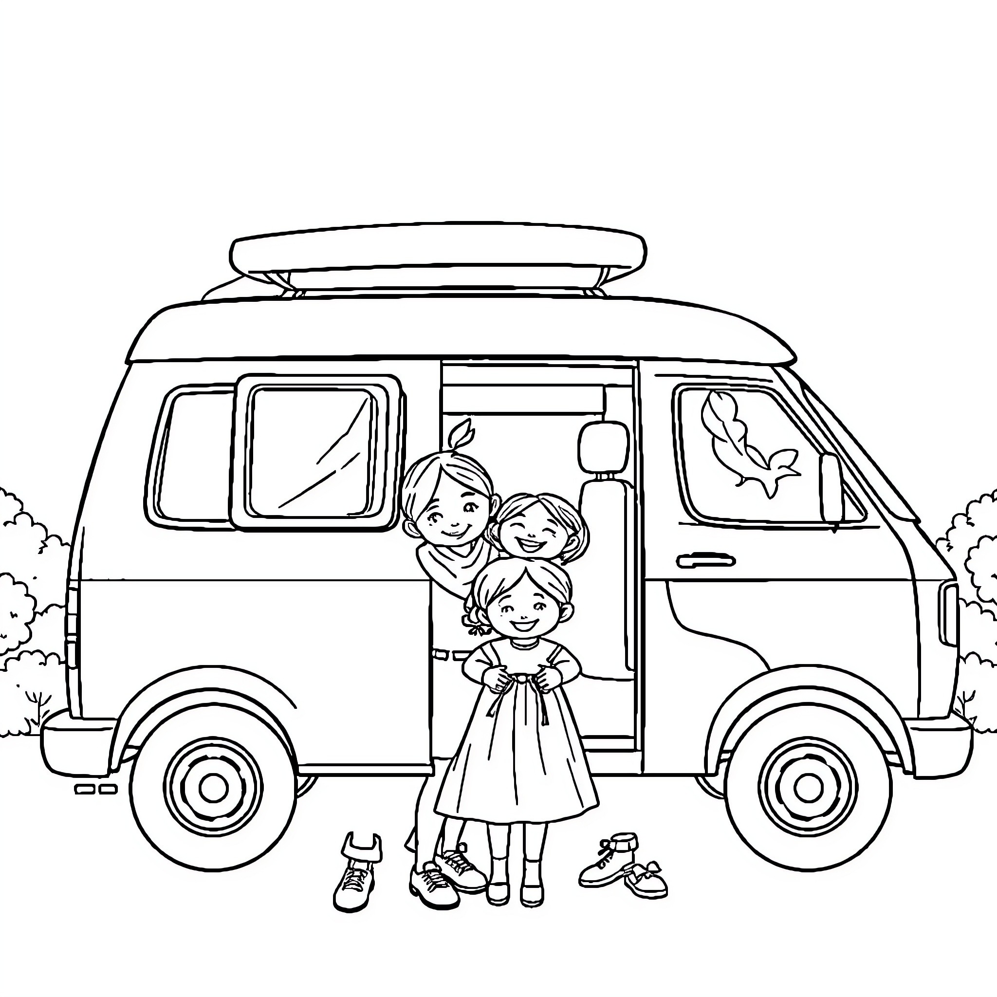 Family Enjoying Adventure in Campervan Coloring Page (free black-and-white line drawing printable PDF for all, from beginners to advanced learners, including children, teens, adults, and seniors)