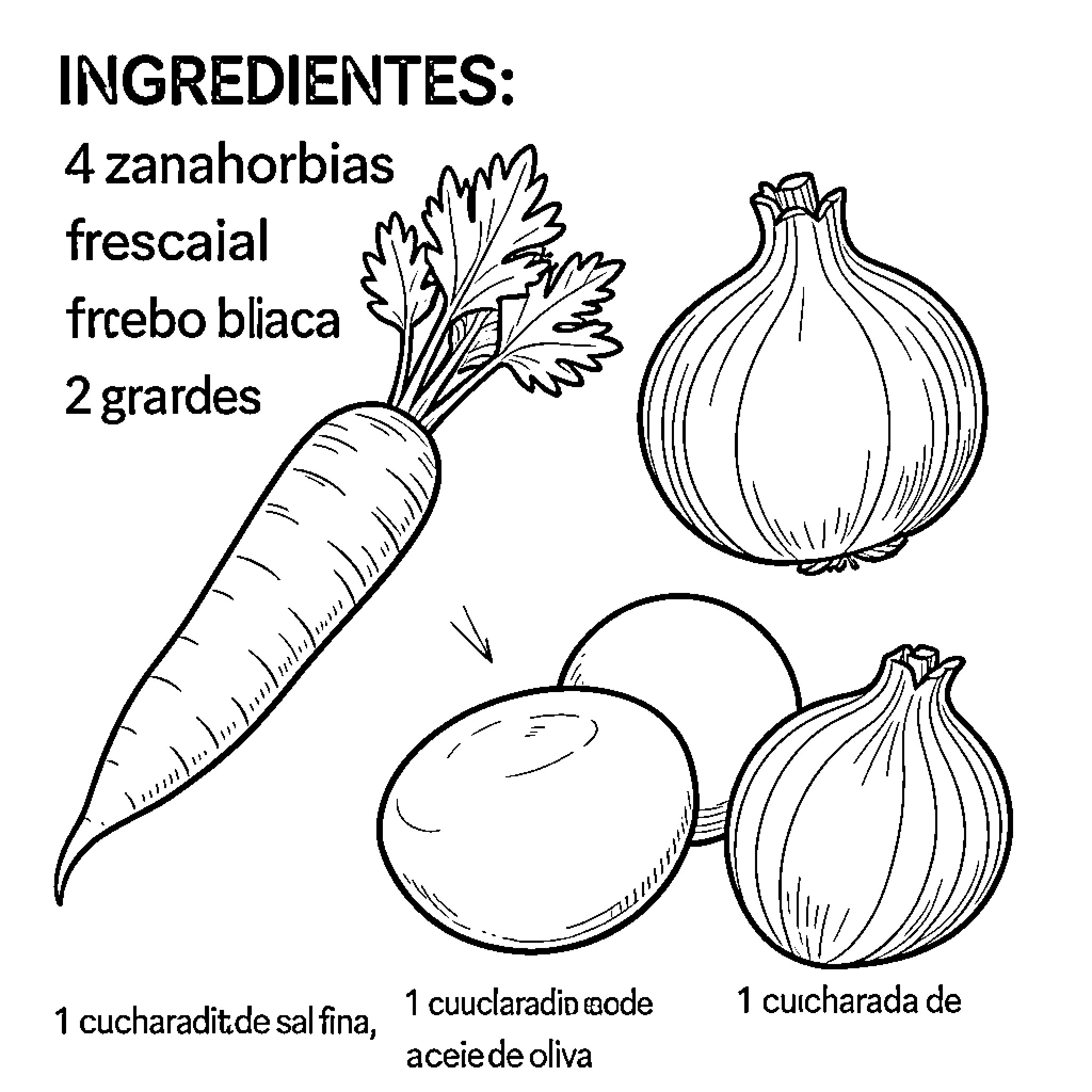 Ingredient Image of Vegetables and Cooking Measurements Coloring Page (free black-and-white line drawing printable PDF for all, from beginners to advanced learners, including children, teens, adults, and seniors)