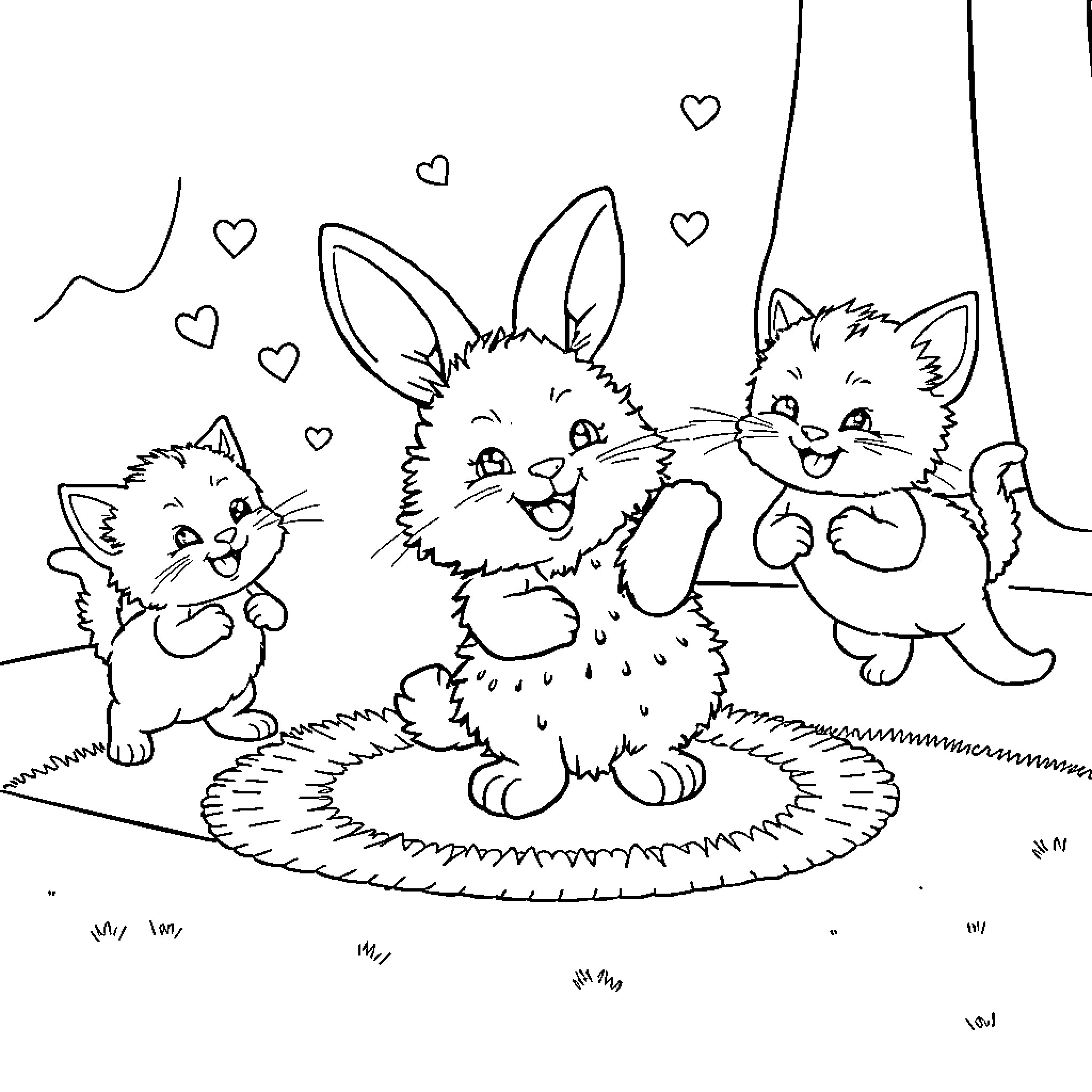 Kittens playing joyfully in a heart-filled scene Coloring Page (free black-and-white line drawing printable PDF for all, from beginners to advanced learners, including children, teens, adults, and seniors)