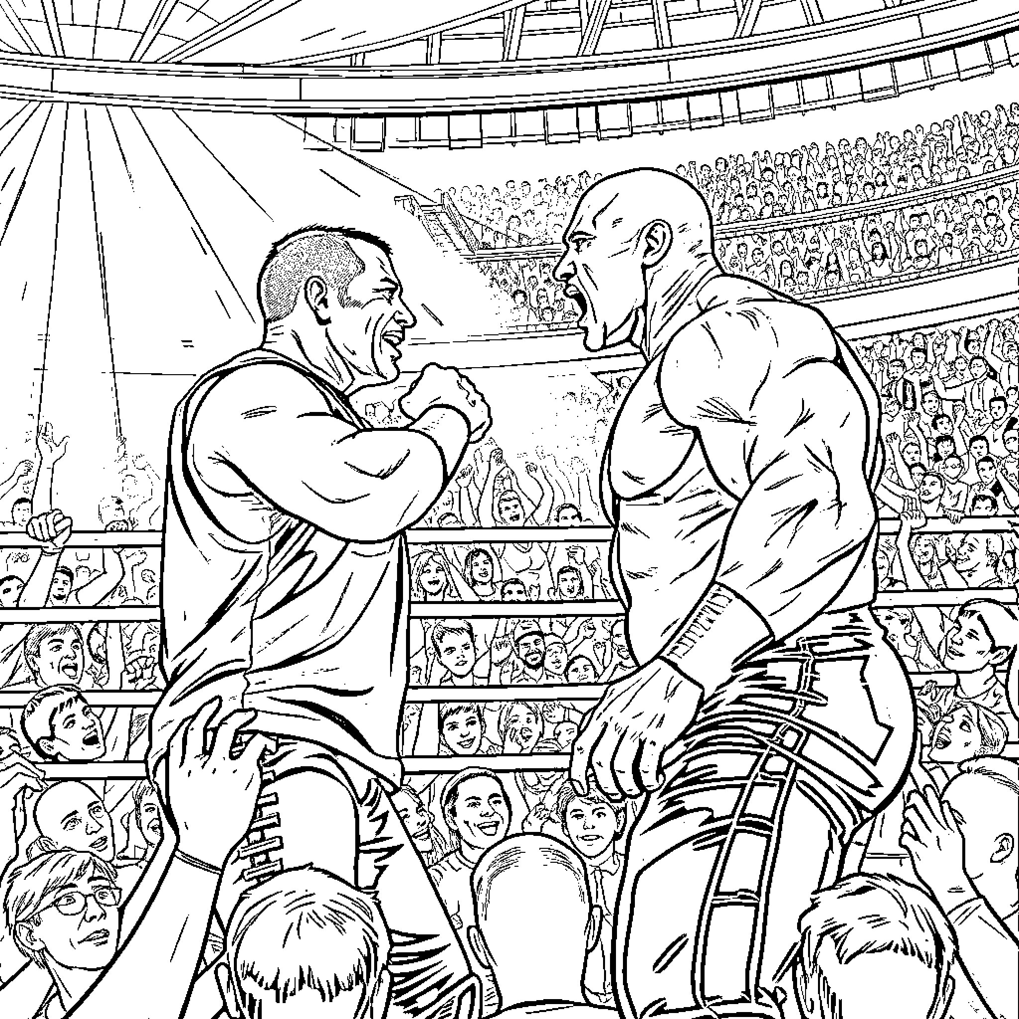 John Cena wrestling in a championship match Coloring Page (free black-and-white line drawing printable PDF for all, from beginners to advanced learners, including children, teens, adults, and seniors)