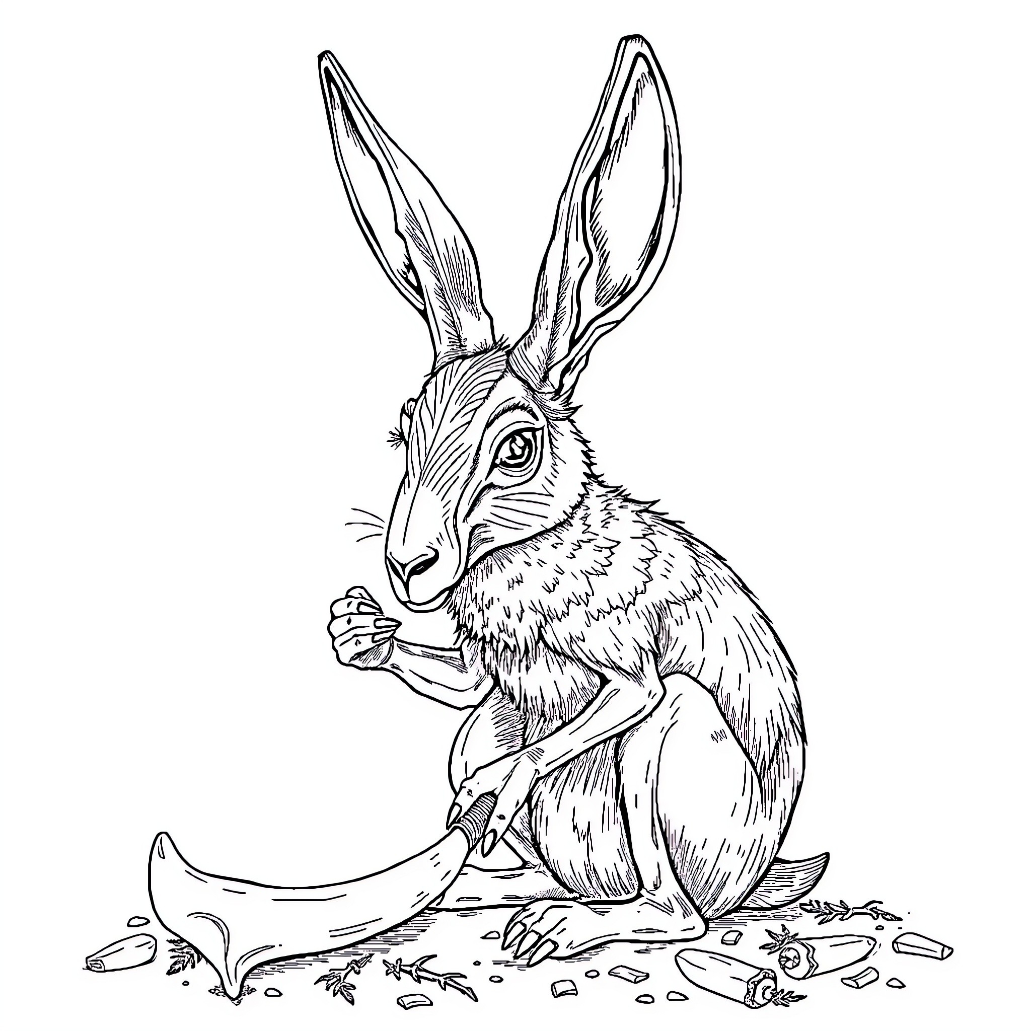Jackalope foraging for food in the wild Coloring Page (free black-and-white line drawing printable PDF for all, from beginners to advanced learners, including children, teens, adults, and seniors)