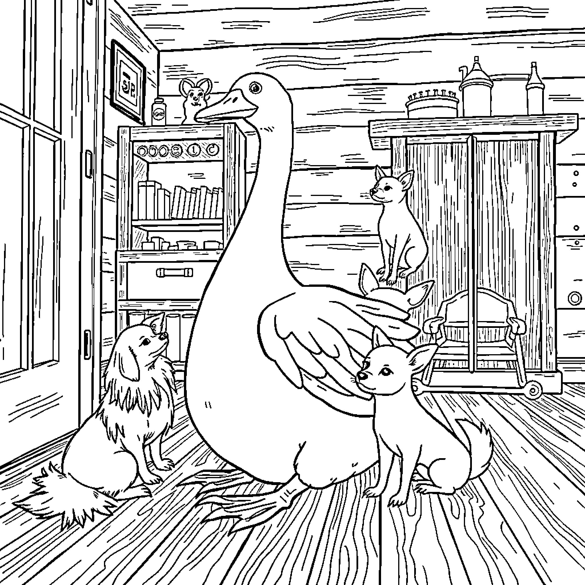 Goose and Furry Companions in Cozy Interior Coloring Page (free black-and-white line drawing printable PDF for all, from beginners to advanced learners, including children, teens, adults, and seniors)