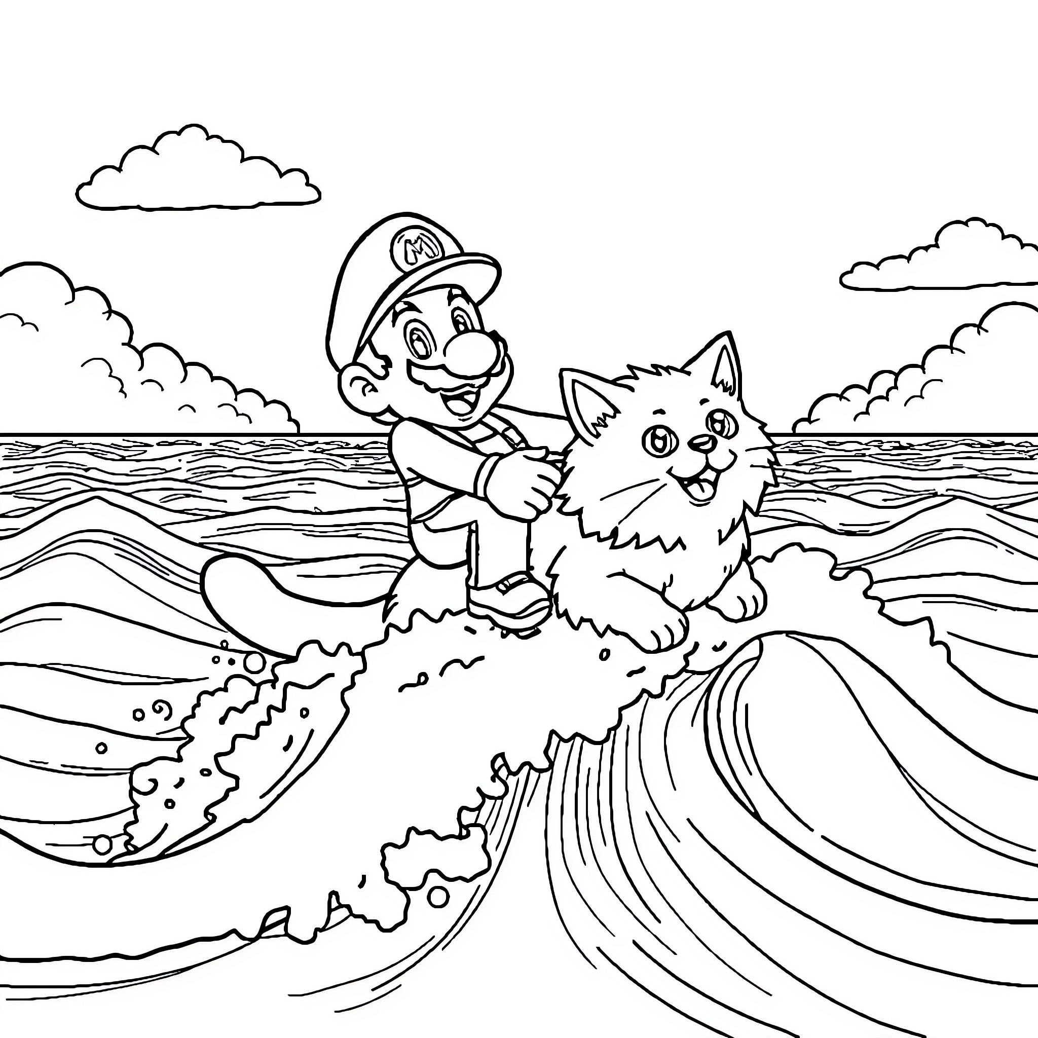 Mario and Furry Friend Ride the Waves Coloring Page (free black-and-white line drawing printable PDF for all, from beginners to advanced learners, including children, teens, adults, and seniors)
