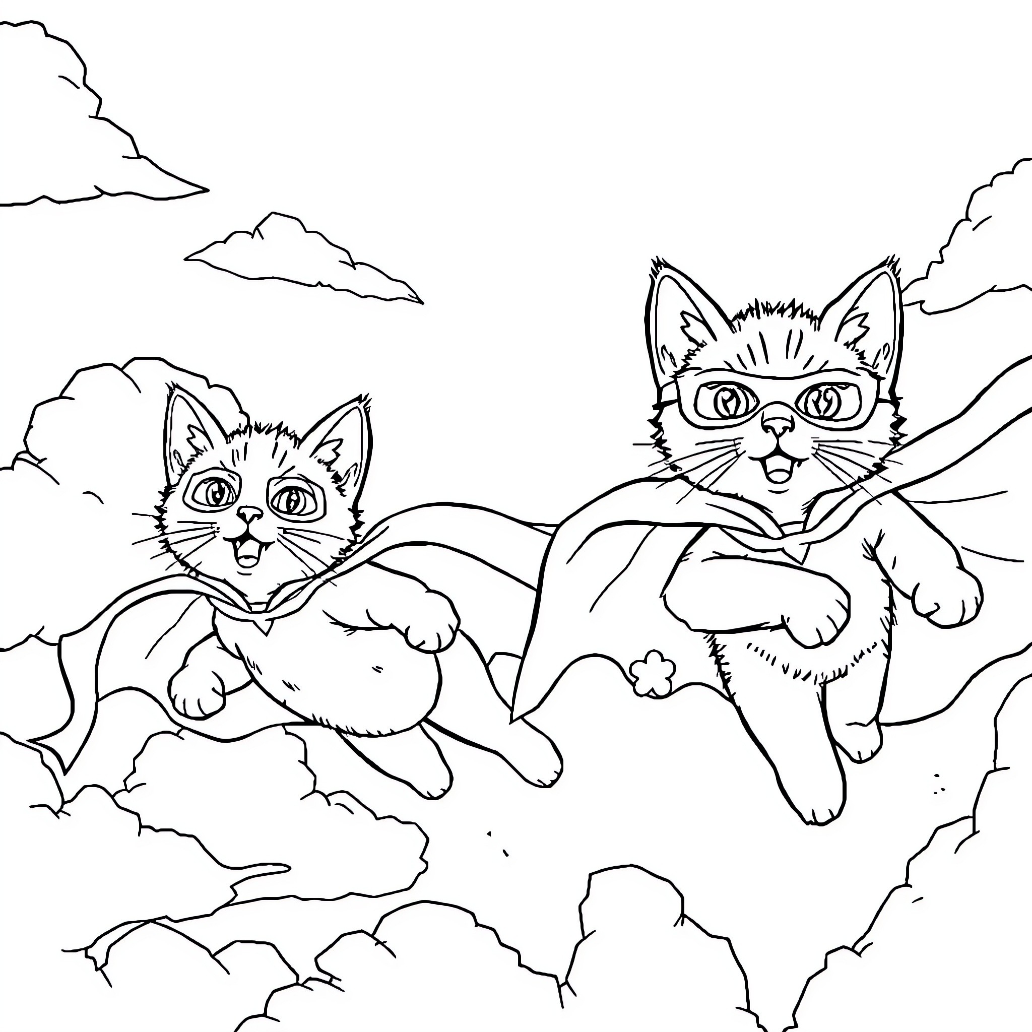 Kitty duo exploring the cloudy skies Coloring Page (free black-and-white line drawing printable PDF for all, from beginners to advanced learners, including children, teens, adults, and seniors)
