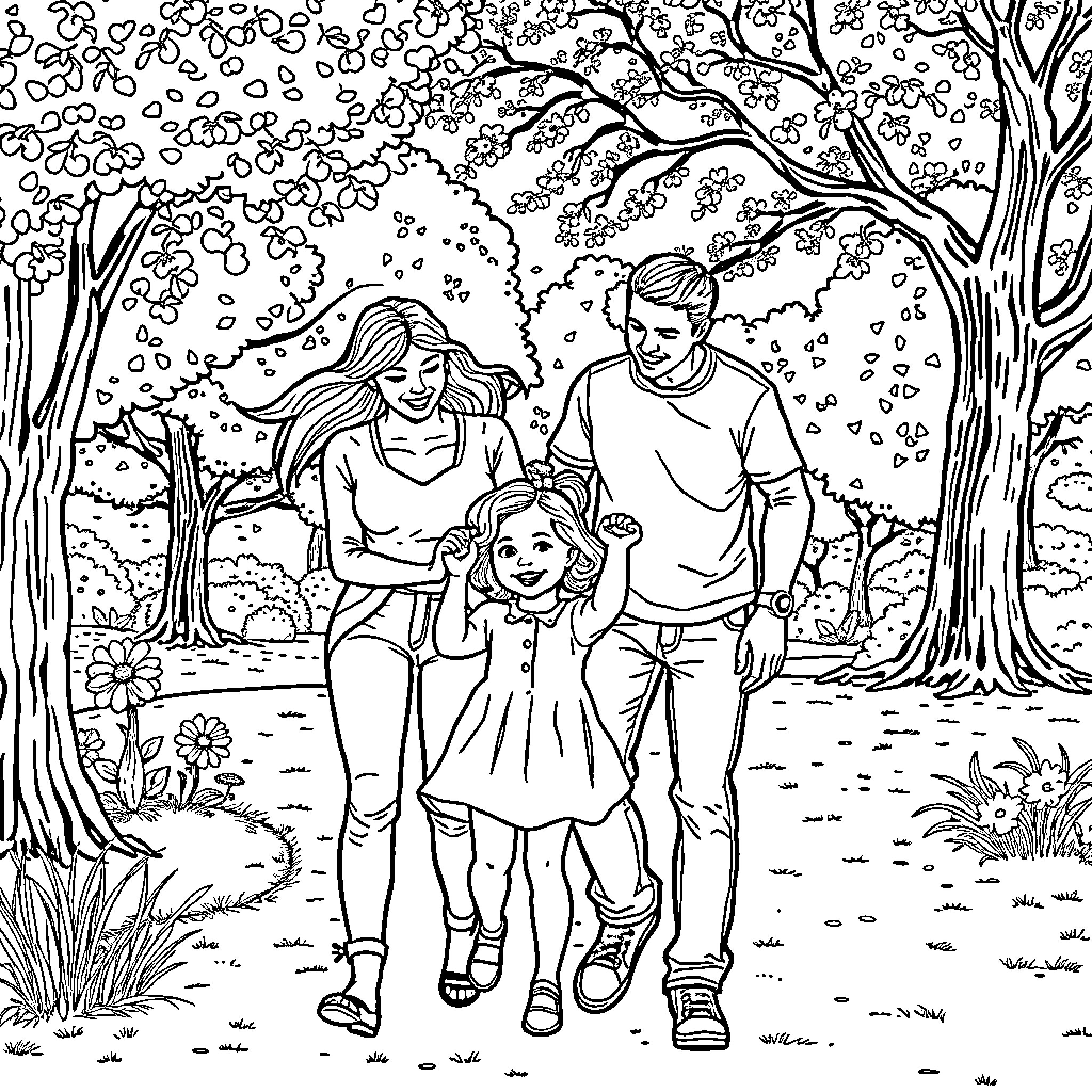 Family Enjoying a Walk in the Peaceful Outdoors Coloring Page (free black-and-white line drawing printable PDF for all, from beginners to advanced learners, including children, teens, adults, and seniors)