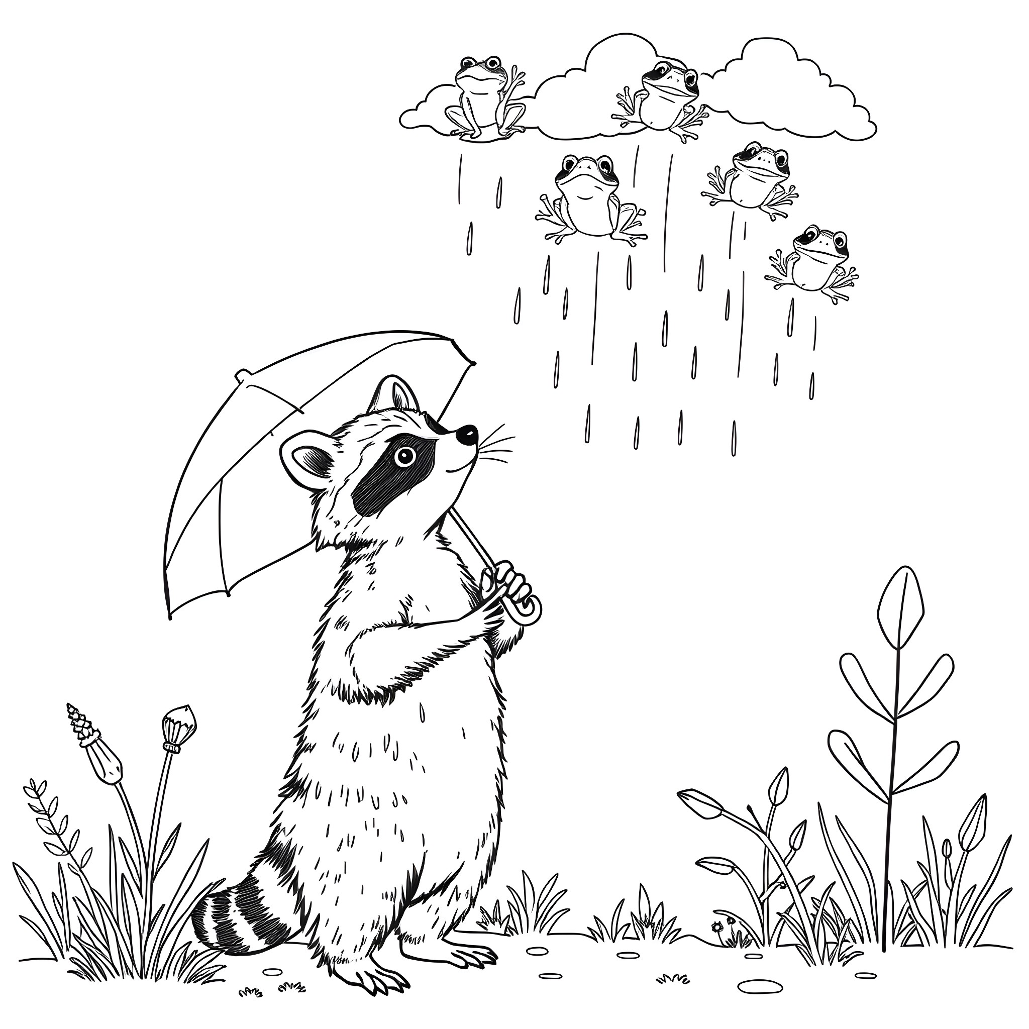 Raccoon seeking shelter from the rain with umbrella Coloring Page (free black-and-white line drawing printable PDF for all, from beginners to advanced learners, including children, teens, adults, and seniors)