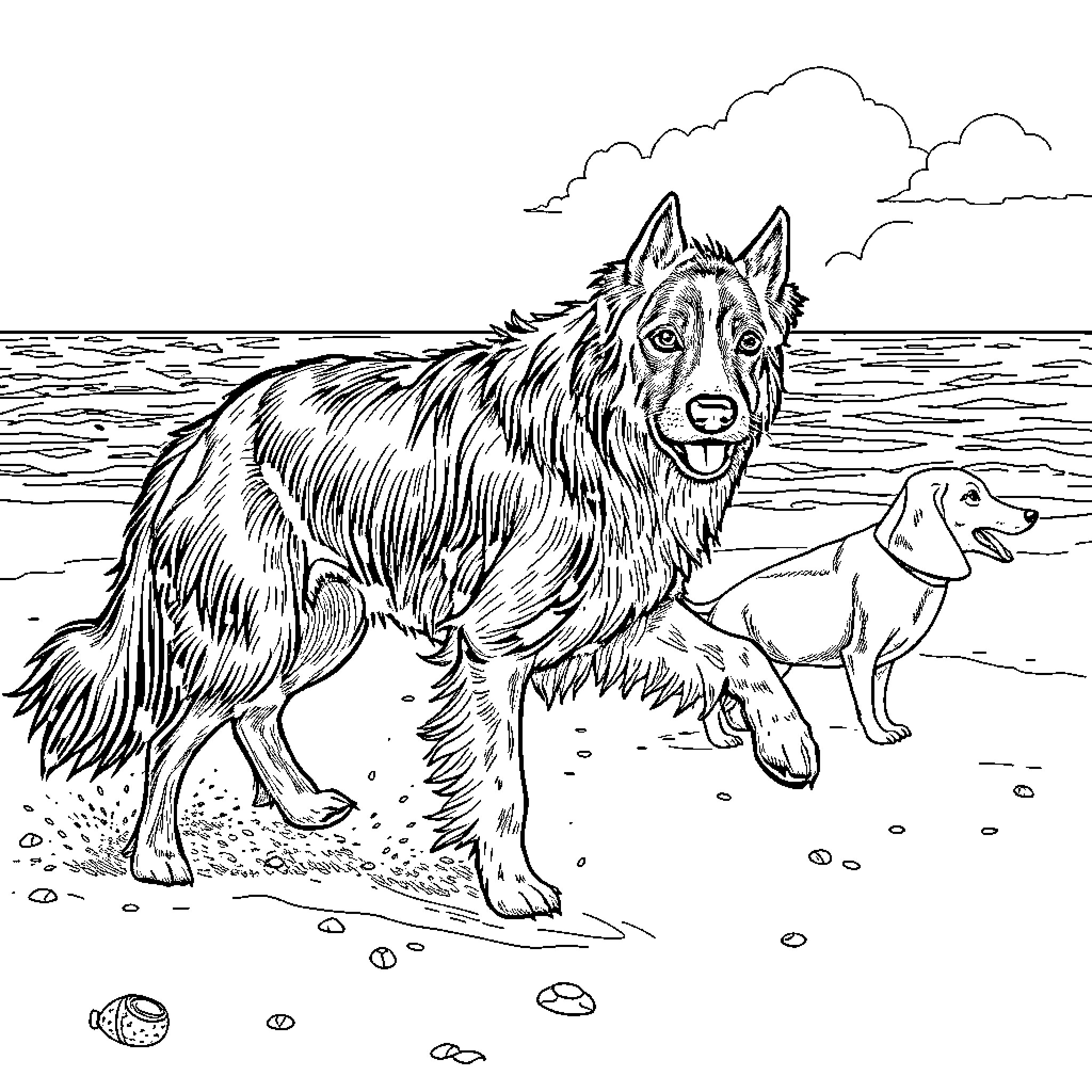 Dog walking on the beach with another dog Coloring Page (free black-and-white line drawing printable PDF for all, from beginners to advanced learners, including children, teens, adults, and seniors)