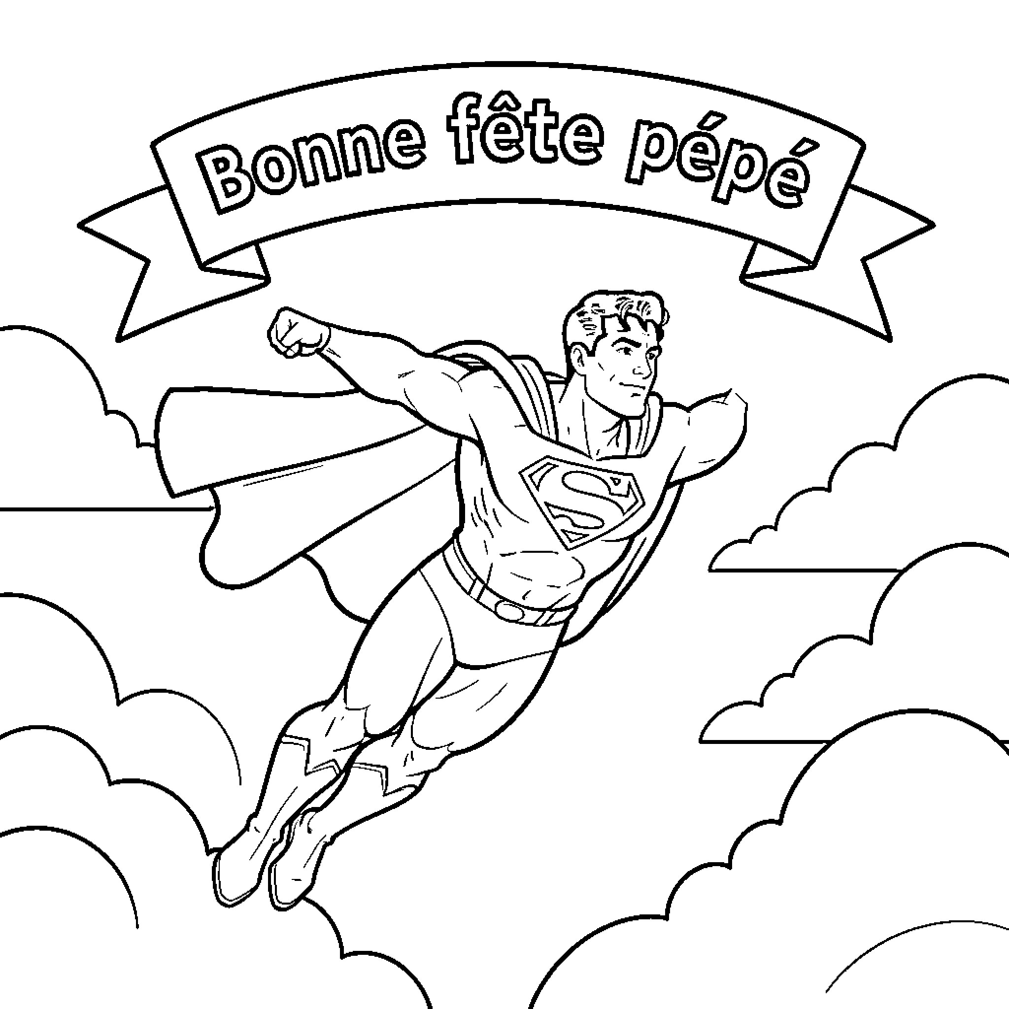 Superman flying heroically through the clouds Coloring Page (free black-and-white line drawing printable PDF for all, from beginners to advanced learners, including children, teens, adults, and seniors)
