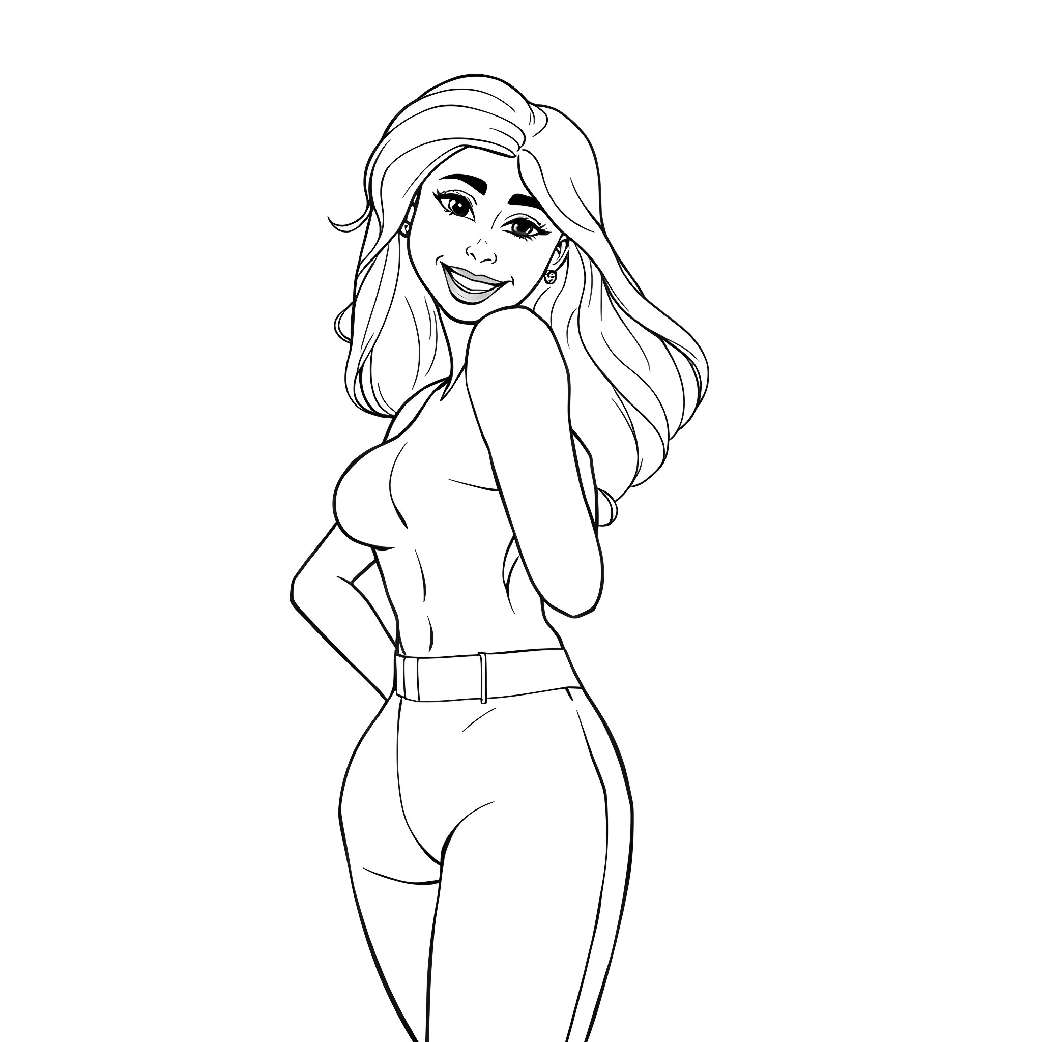 Model Posing Confidently in Outfit Coloring Page (free black-and-white line drawing printable PDF for all, from beginners to advanced learners, including children, teens, adults, and seniors)