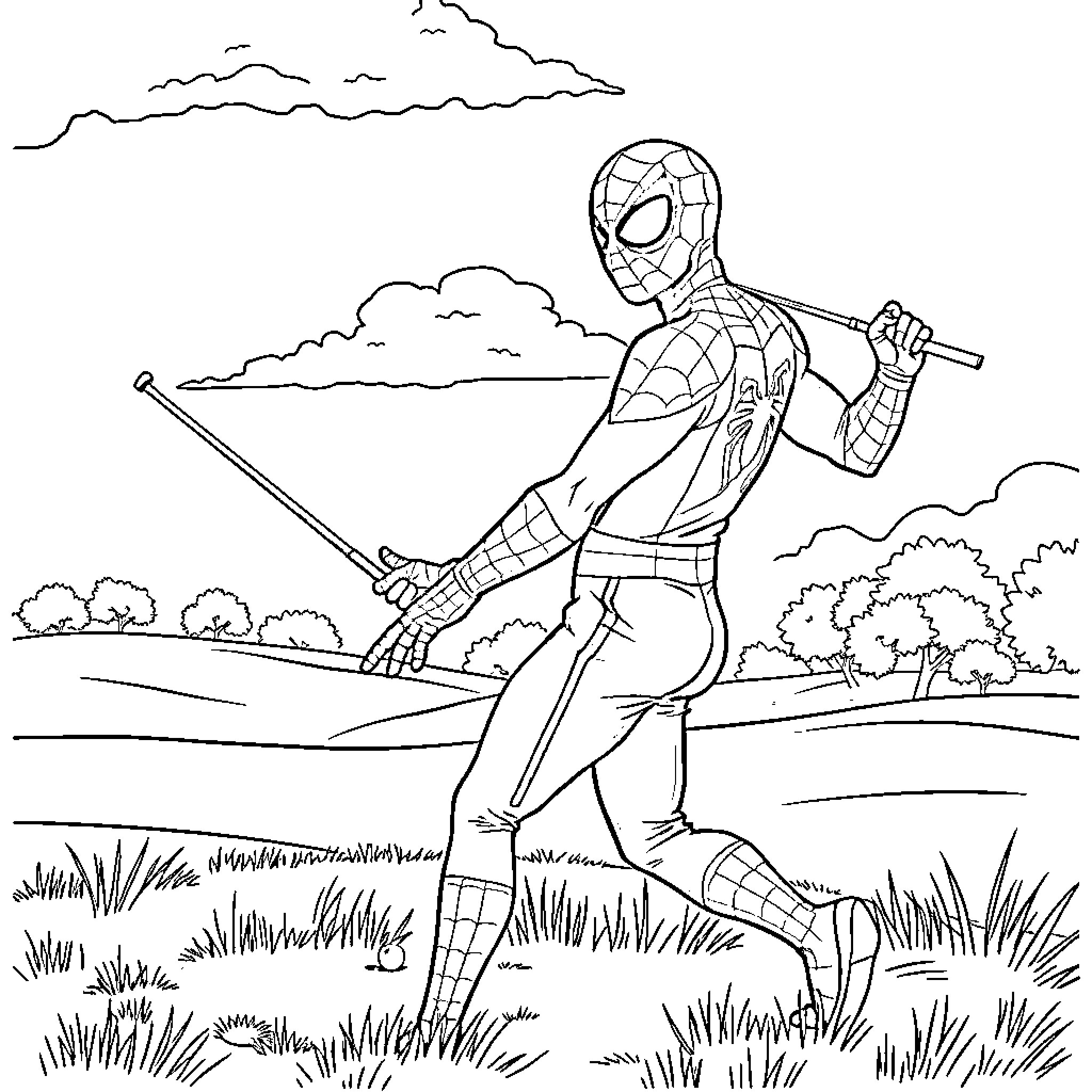 Spiderman swinging through the city landscape Coloring Page (free black-and-white line drawing printable PDF for all, from beginners to advanced learners, including children, teens, adults, and seniors)