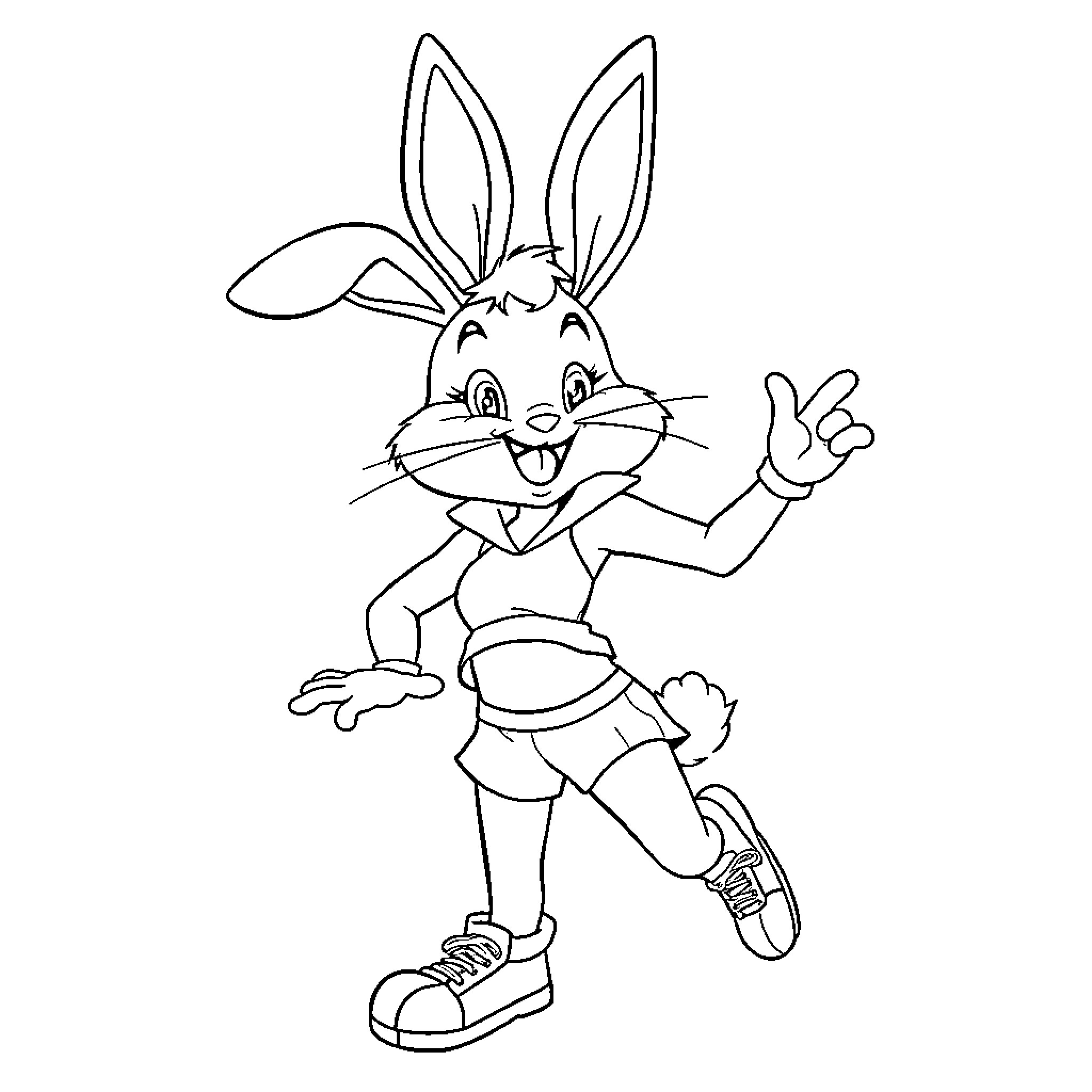 Lola Bunny happily jumping with a peace sign Coloring Page (free black-and-white line drawing printable PDF for all, from beginners to advanced learners, including children, teens, adults, and seniors)