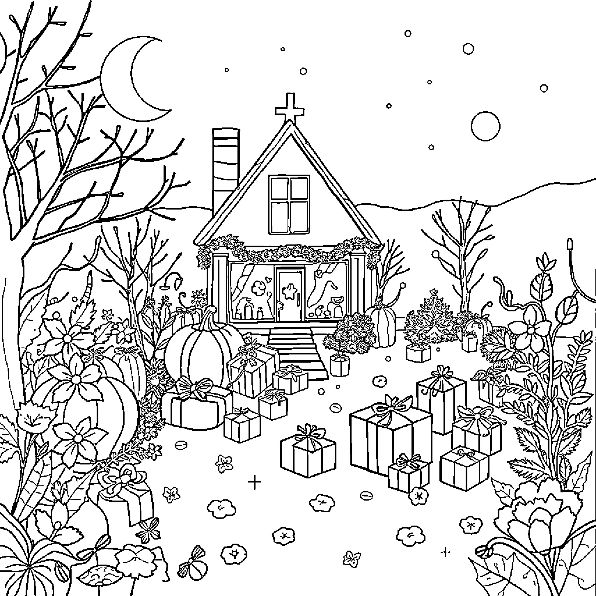 Gift-giving celebration in a winter wonderland Coloring Page (free black-and-white line drawing printable PDF for all, from beginners to advanced learners, including children, teens, adults, and seniors)