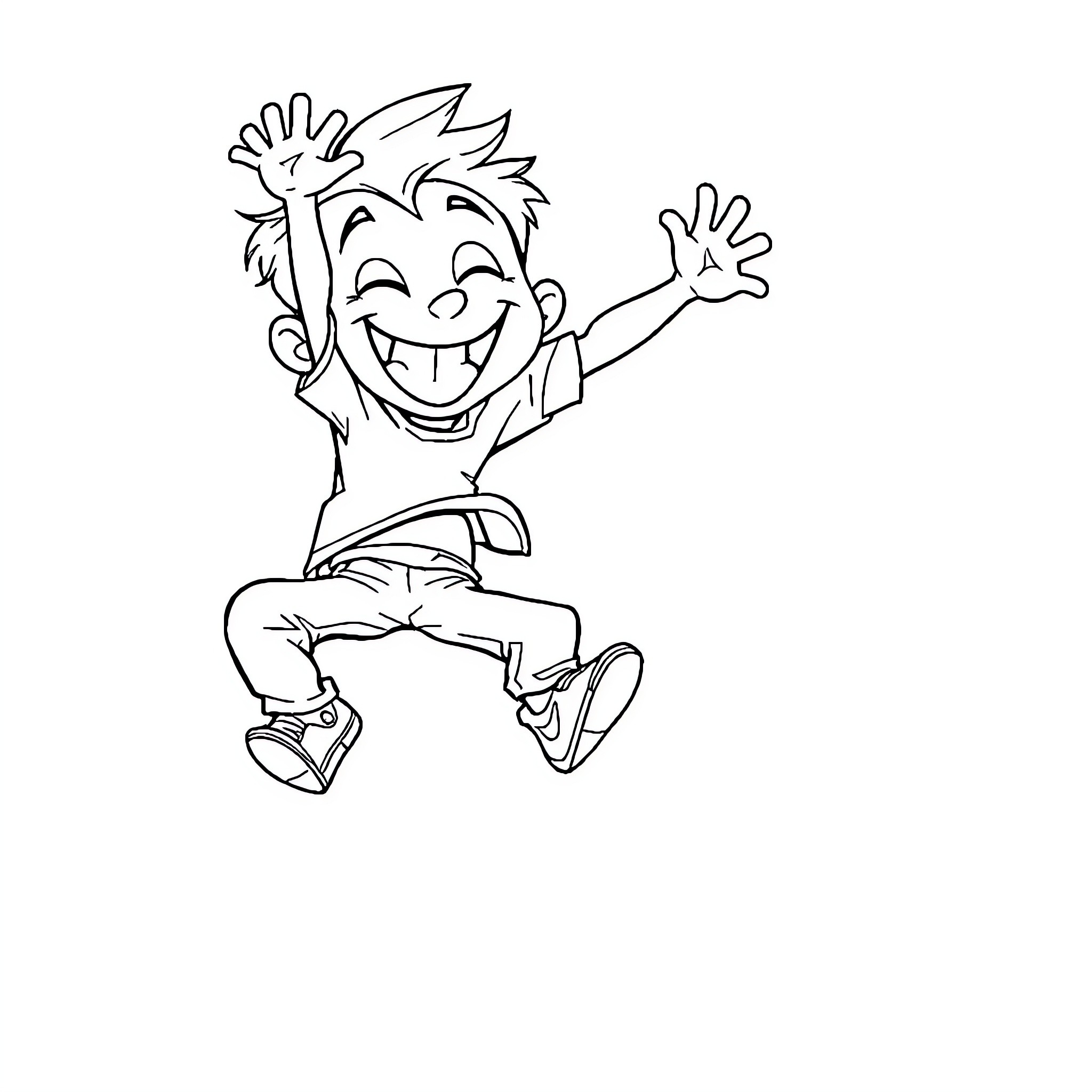Boy Jumping Joyfully with Arms Raised Coloring Page (free black-and-white line drawing printable PDF for all, from beginners to advanced learners, including children, teens, adults, and seniors)