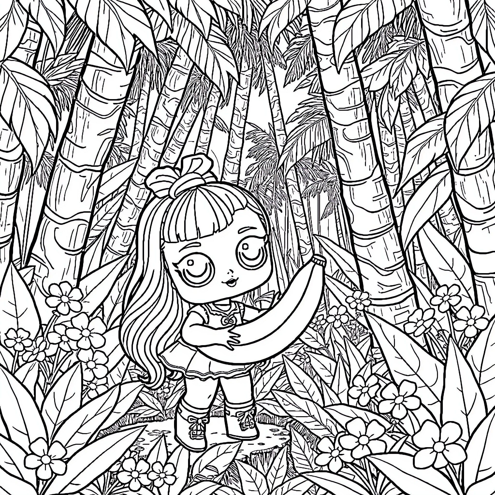 LOL Surprise Girl Exploring Tropical Jungle Scene Coloring Page (free black-and-white line drawing printable PDF for all, from beginners to advanced learners, including children, teens, adults, and seniors)