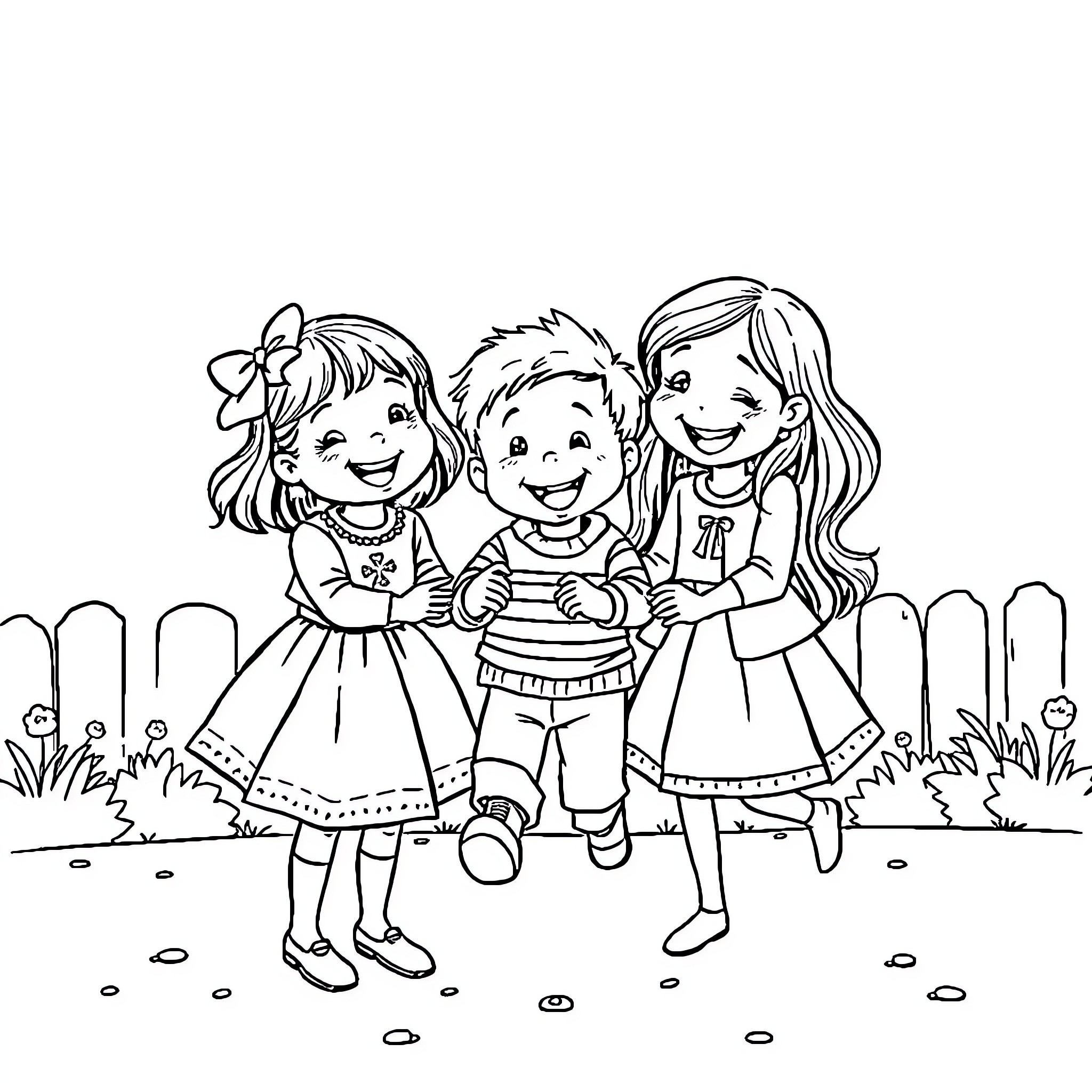 Child friends playing and smiling outdoors Coloring Page (free black-and-white line drawing printable PDF for all, from beginners to advanced learners, including children, teens, adults, and seniors)