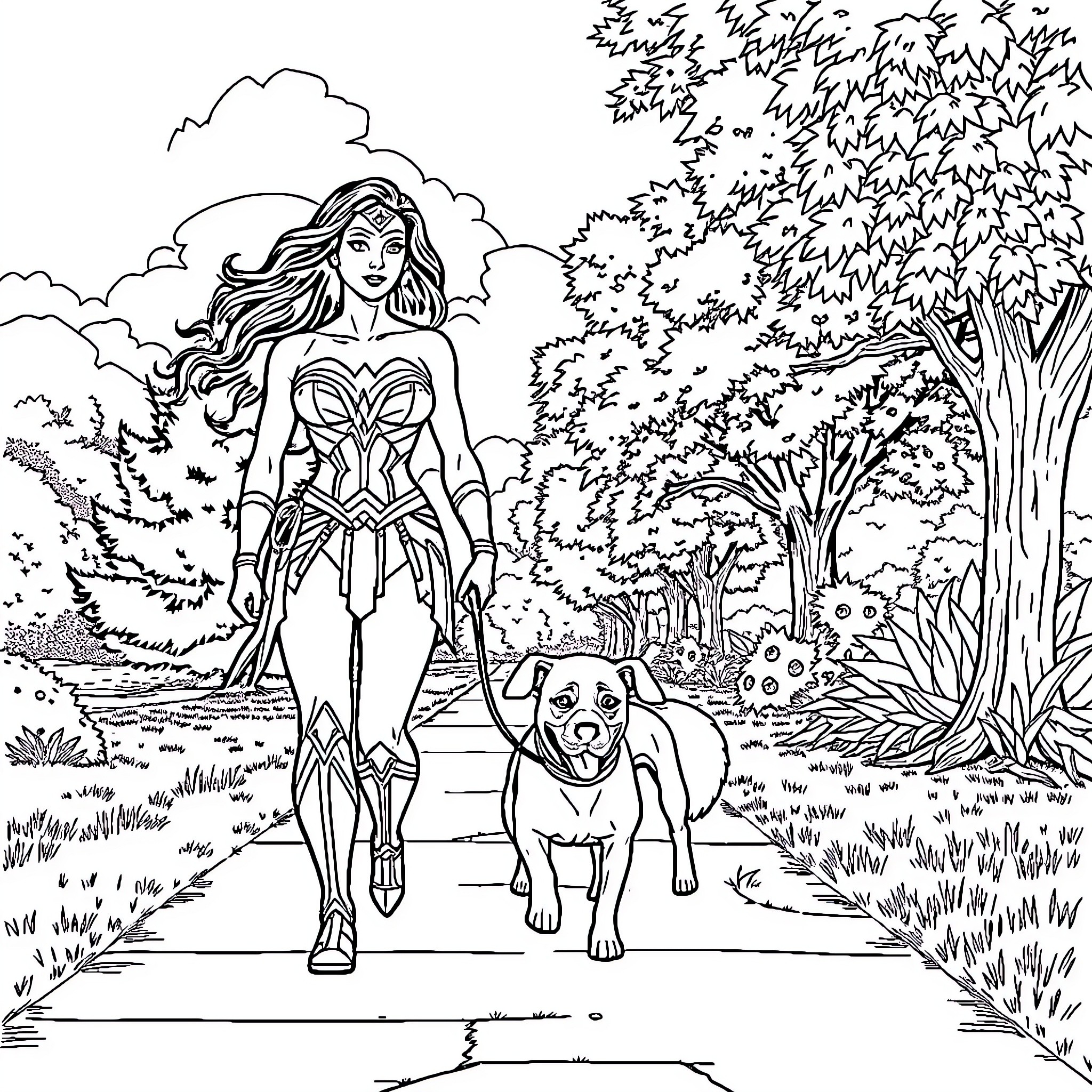 Wonder Woman walking with her loyal pet in the forest Coloring Page (free black-and-white line drawing printable PDF for all, from beginners to advanced learners, including children, teens, adults, and seniors)