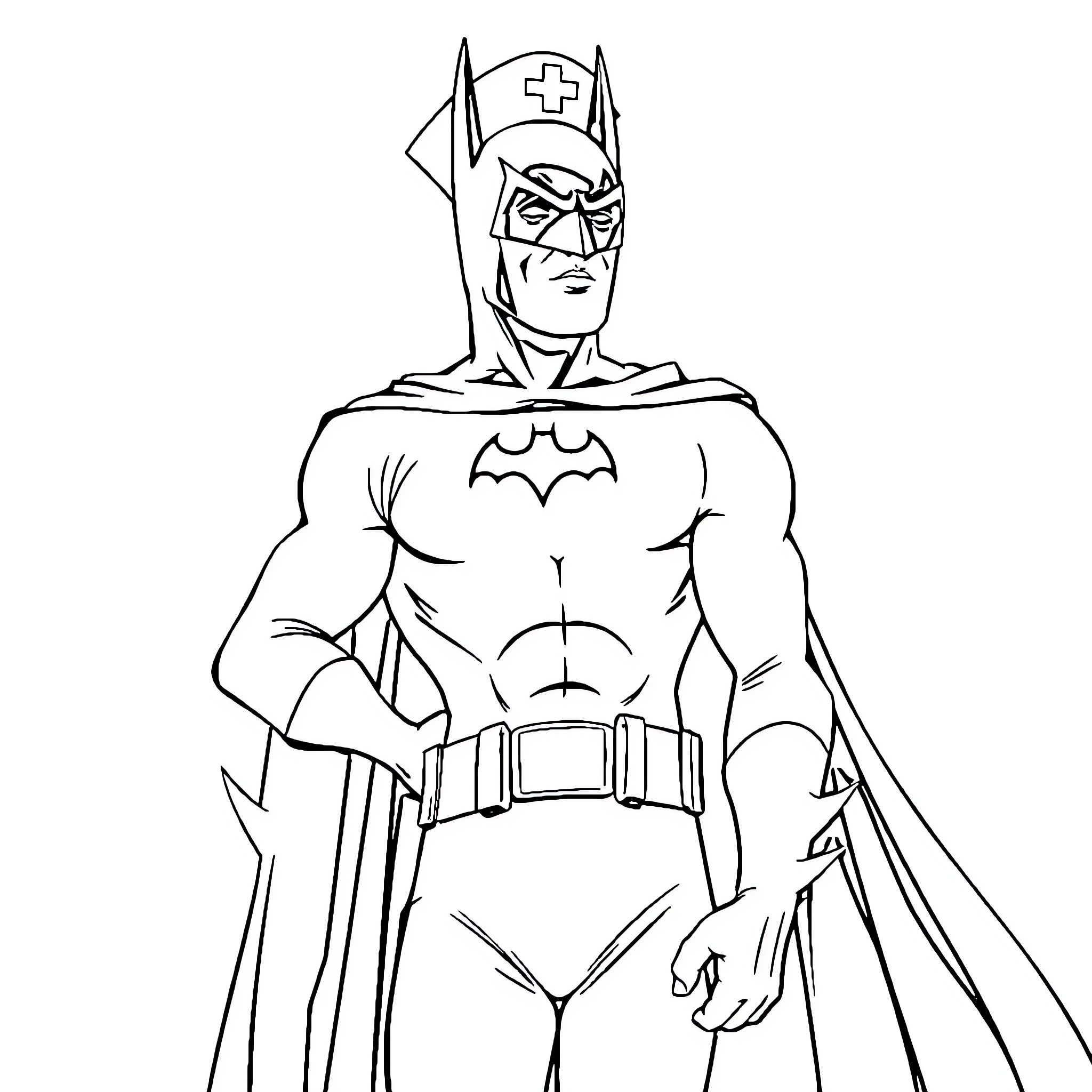 Batman the Caped Crusader in Action Coloring Page (free black-and-white line drawing printable PDF for all, from beginners to advanced learners, including children, teens, adults, and seniors)