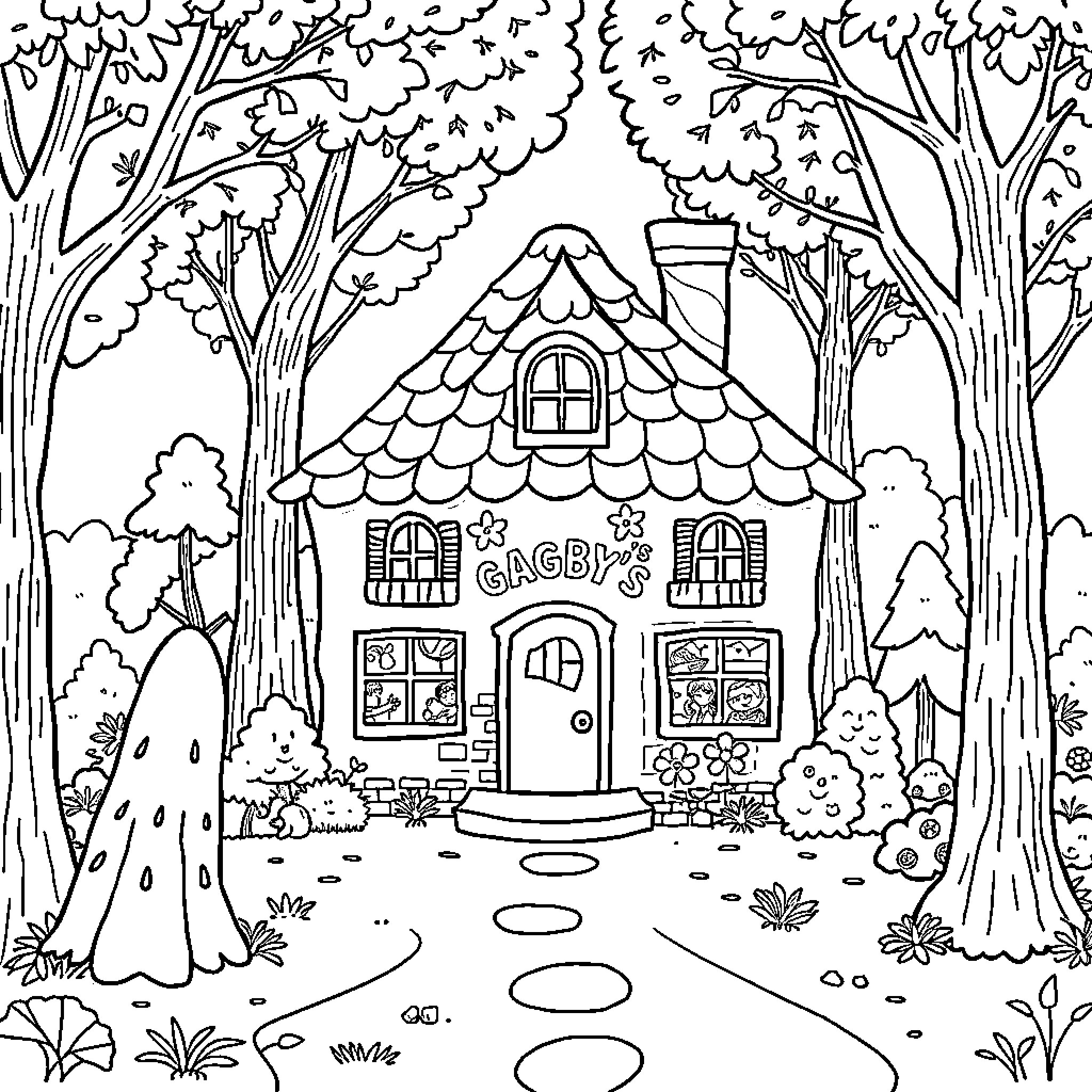 Gabby's House in the Enchanted Forest Coloring Page (free black-and-white line drawing printable PDF for all, from beginners to advanced learners, including children, teens, adults, and seniors)