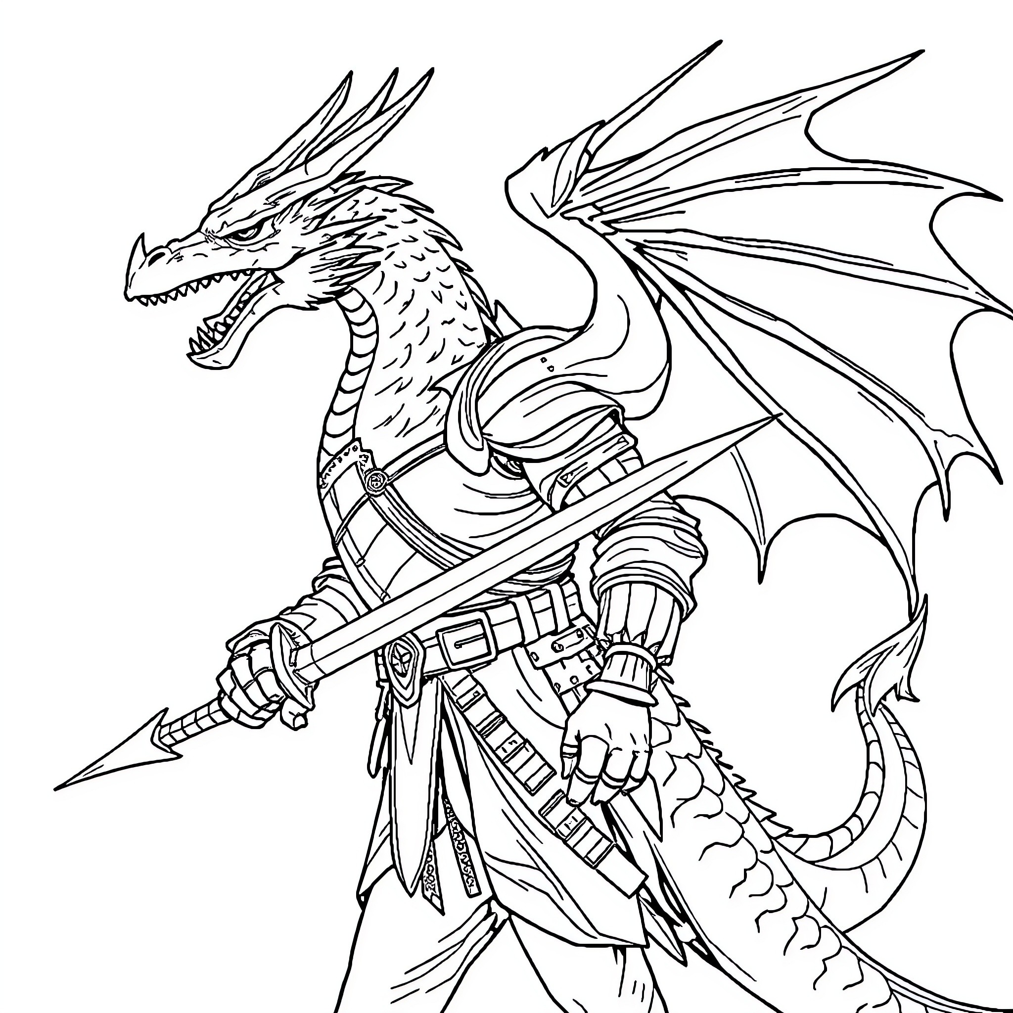 Warrior Dragon with Armored Attire and Weapon Coloring Page (free black-and-white line drawing printable PDF for all, from beginners to advanced learners, including children, teens, adults, and seniors)