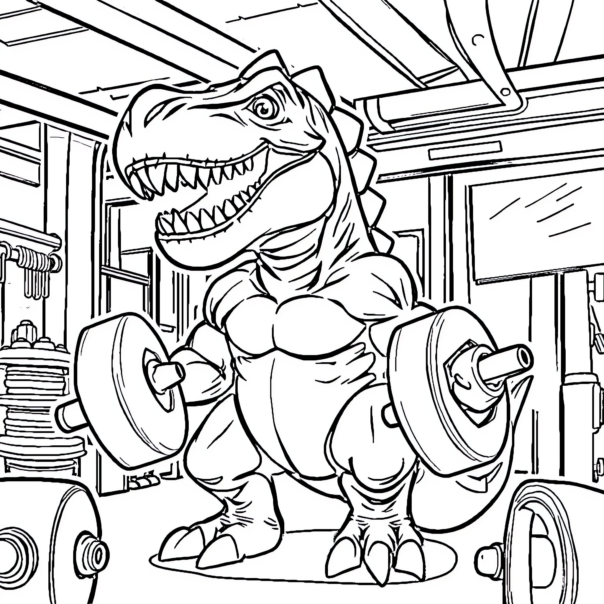Dinosaur lifting weights in a gym Coloring Page (free black-and-white line drawing printable PDF for all, from beginners to advanced learners, including children, teens, adults, and seniors)