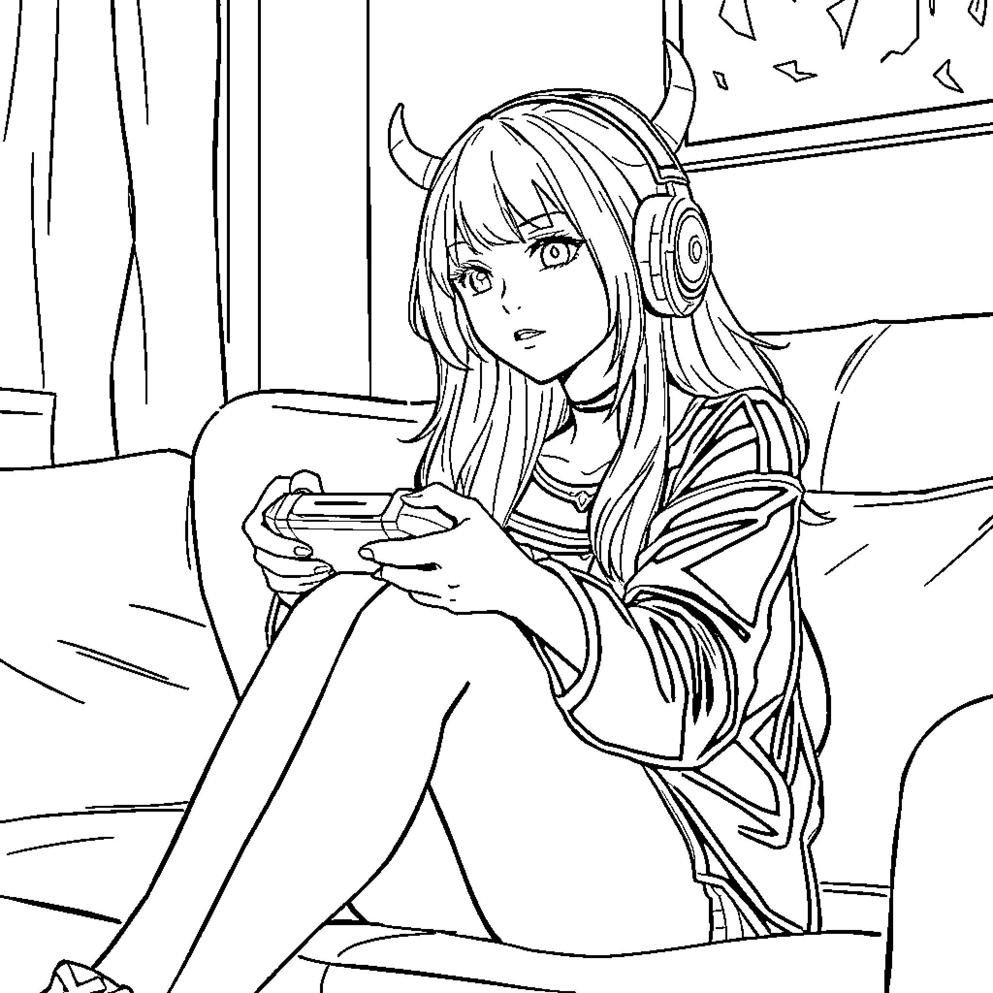 Mira enjoying music and gaming in her room Coloring Page (free black-and-white line drawing printable PDF for all, from beginners to advanced learners, including children, teens, adults, and seniors)