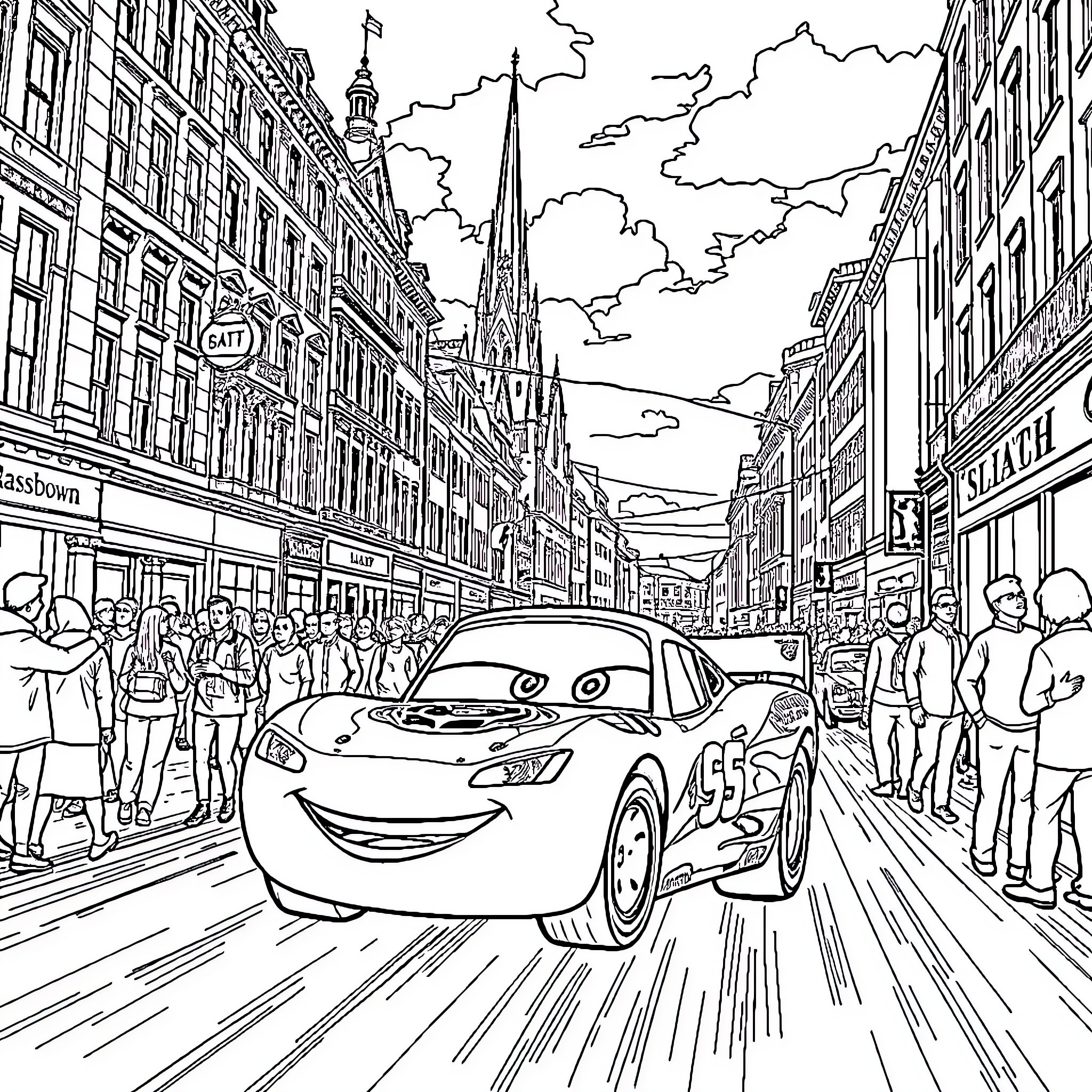 Lightning McQueen races through a crowded city street Coloring Page (free black-and-white line drawing printable PDF for all, from beginners to advanced learners, including children, teens, adults, and seniors)