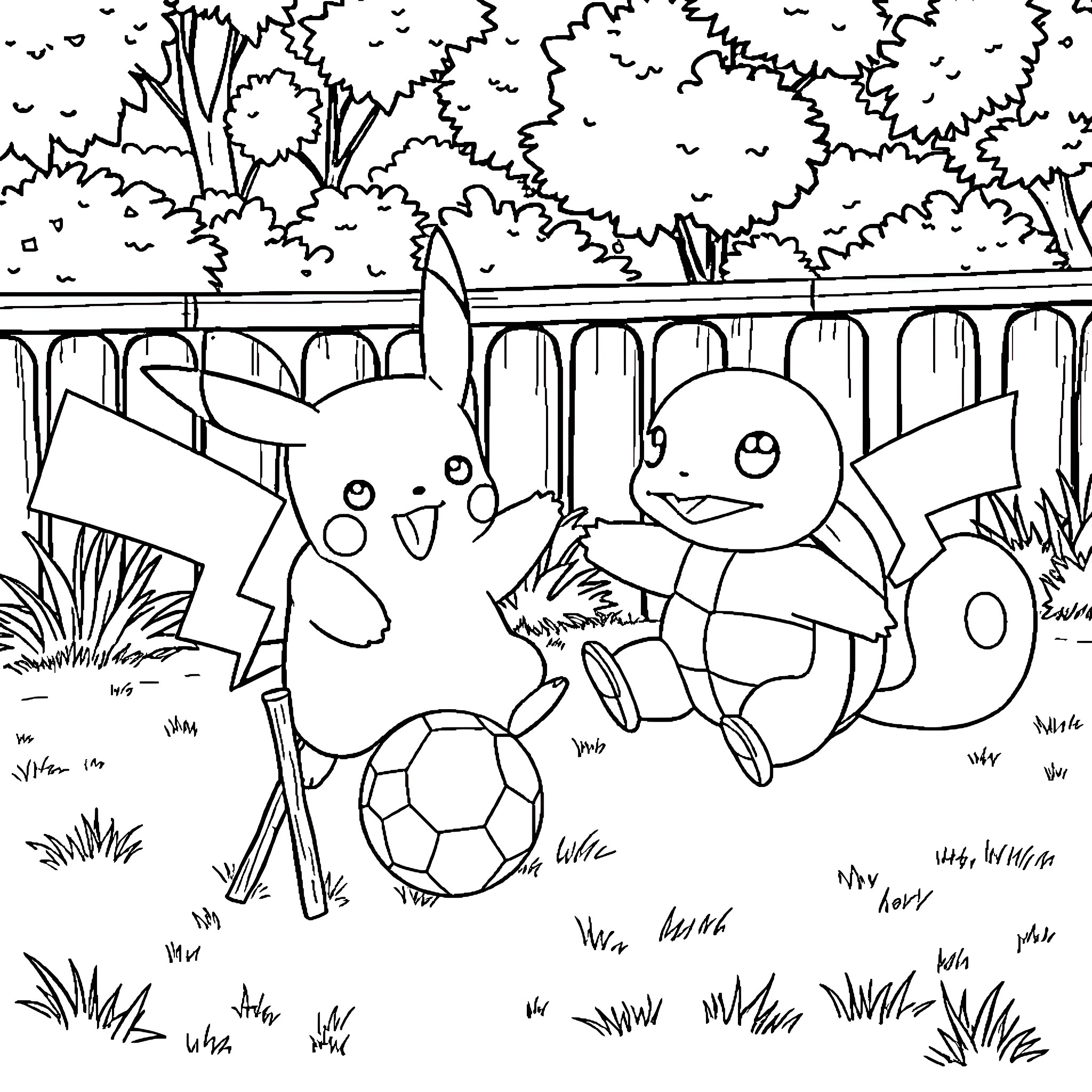 Pikachu and Friends Enjoying Outdoor Play Coloring Page (free black-and-white line drawing printable PDF for all, from beginners to advanced learners, including children, teens, adults, and seniors)