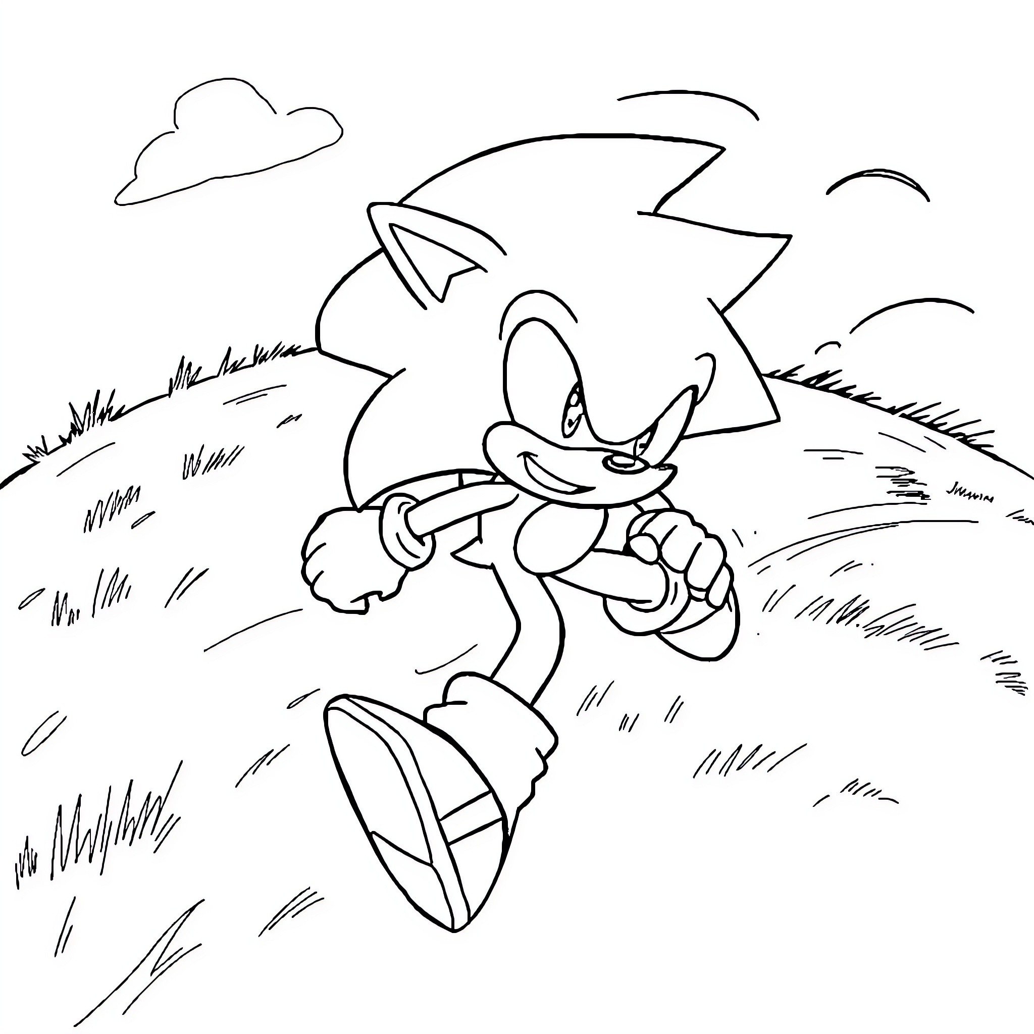 Sonic dashing through the meadow Coloring Page (free black-and-white line drawing printable PDF for all, from beginners to advanced learners, including children, teens, adults, and seniors)