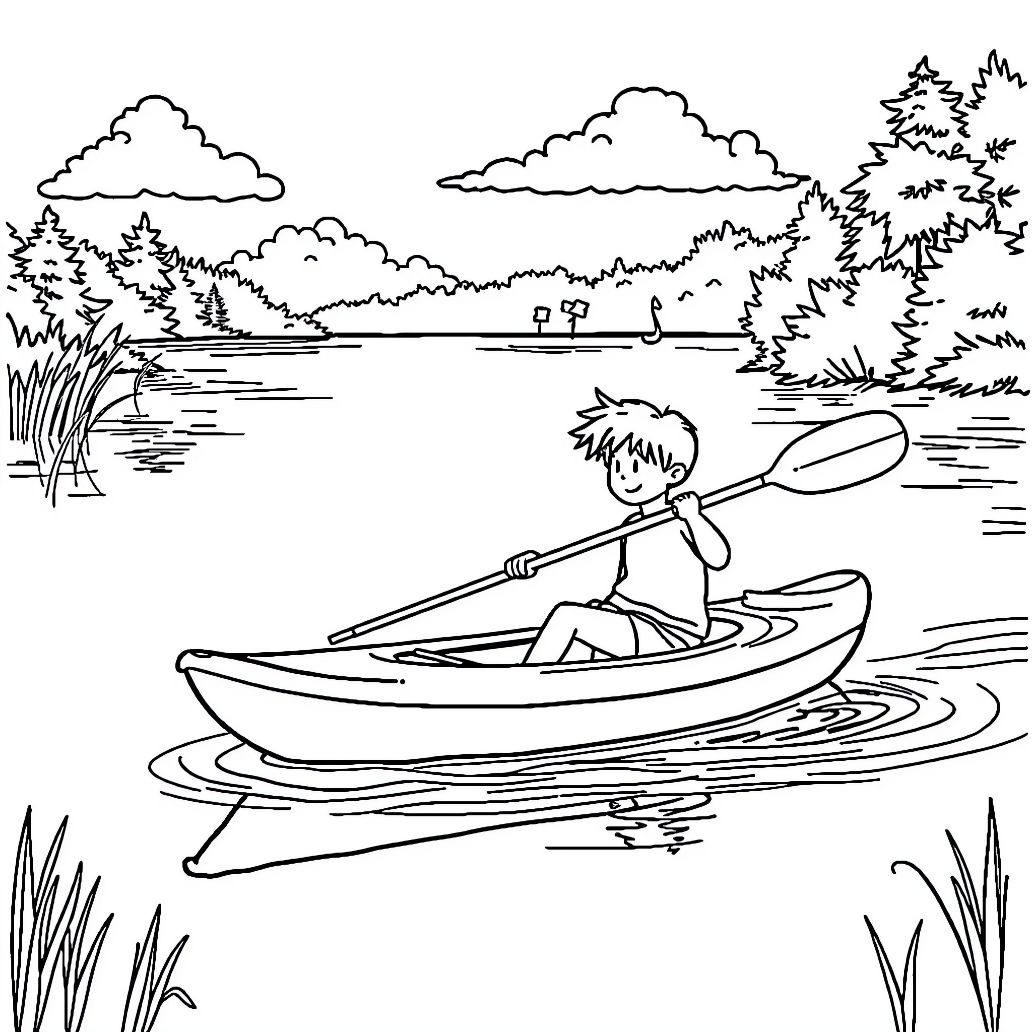 Kid Canoeing on a Peaceful Lake Coloring Page (free black-and-white line drawing printable PDF for all, from beginners to advanced learners, including children, teens, adults, and seniors)