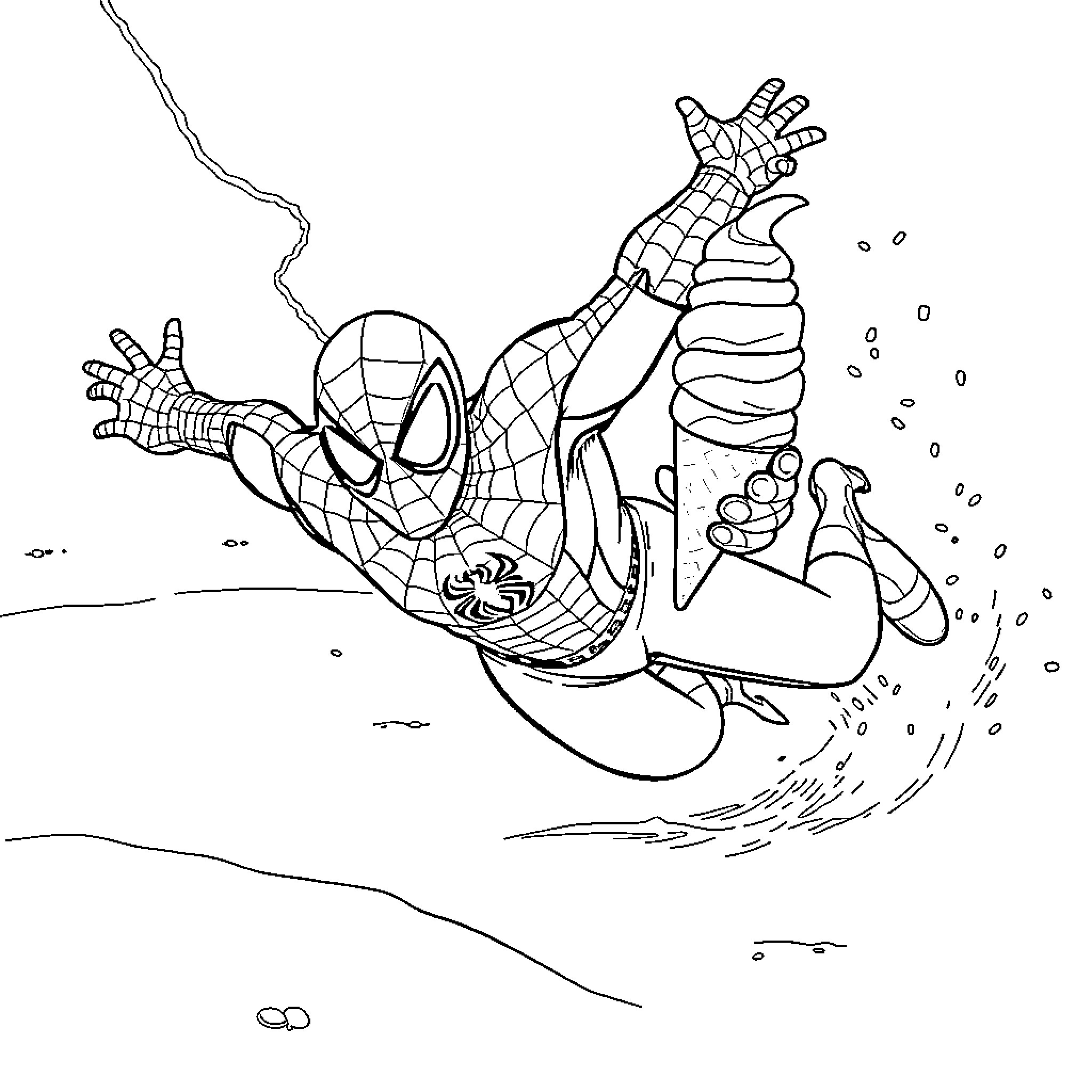Spiderman swinging through the city in action pose Coloring Page (free black-and-white line drawing printable PDF for all, from beginners to advanced learners, including children, teens, adults, and seniors)