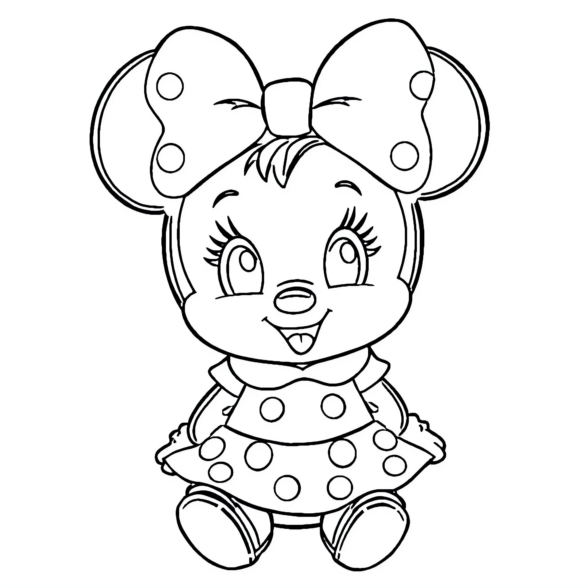 Minnie's Adorable Pose and Outfit Coloring Page (free black-and-white line drawing printable PDF for all, from beginners to advanced learners, including children, teens, adults, and seniors)