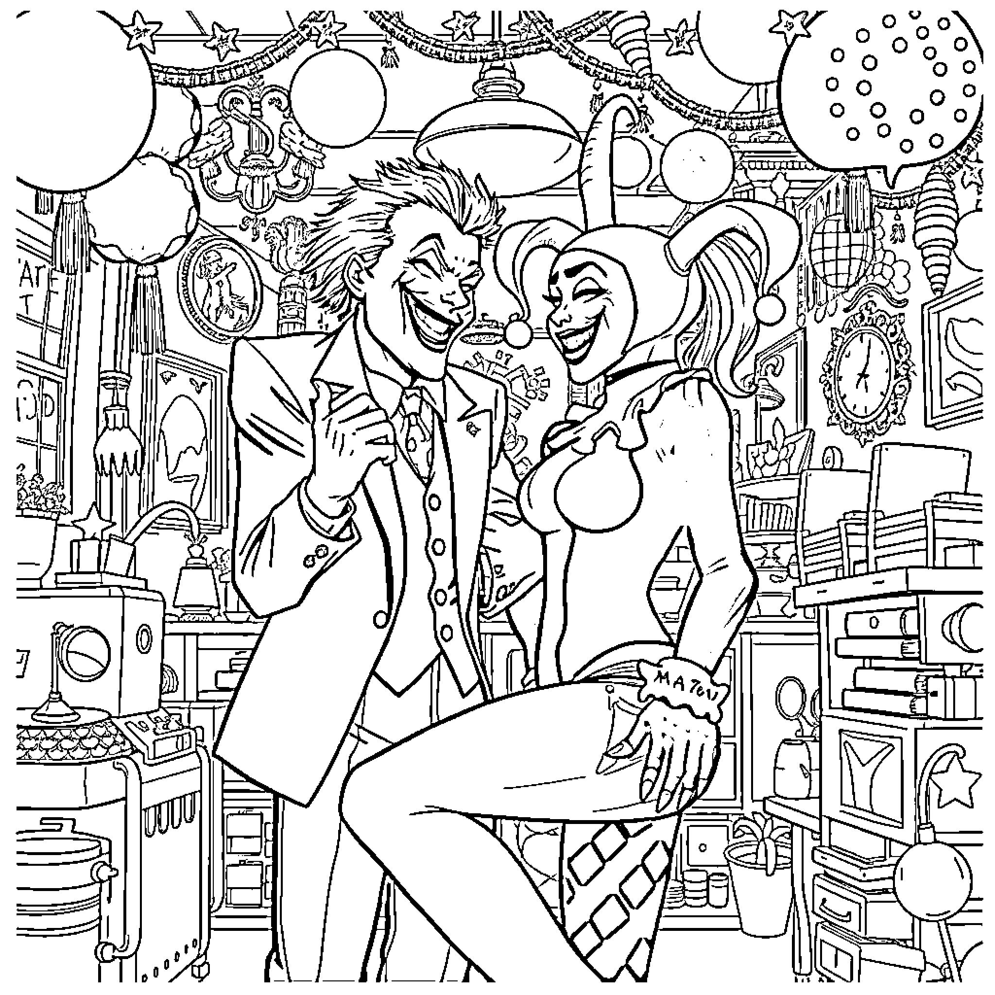 Joker and Clown Playfully Interacting in Cluttered Environment Coloring Page (free black-and-white line drawing printable PDF for all, from beginners to advanced learners, including children, teens, adults, and seniors)