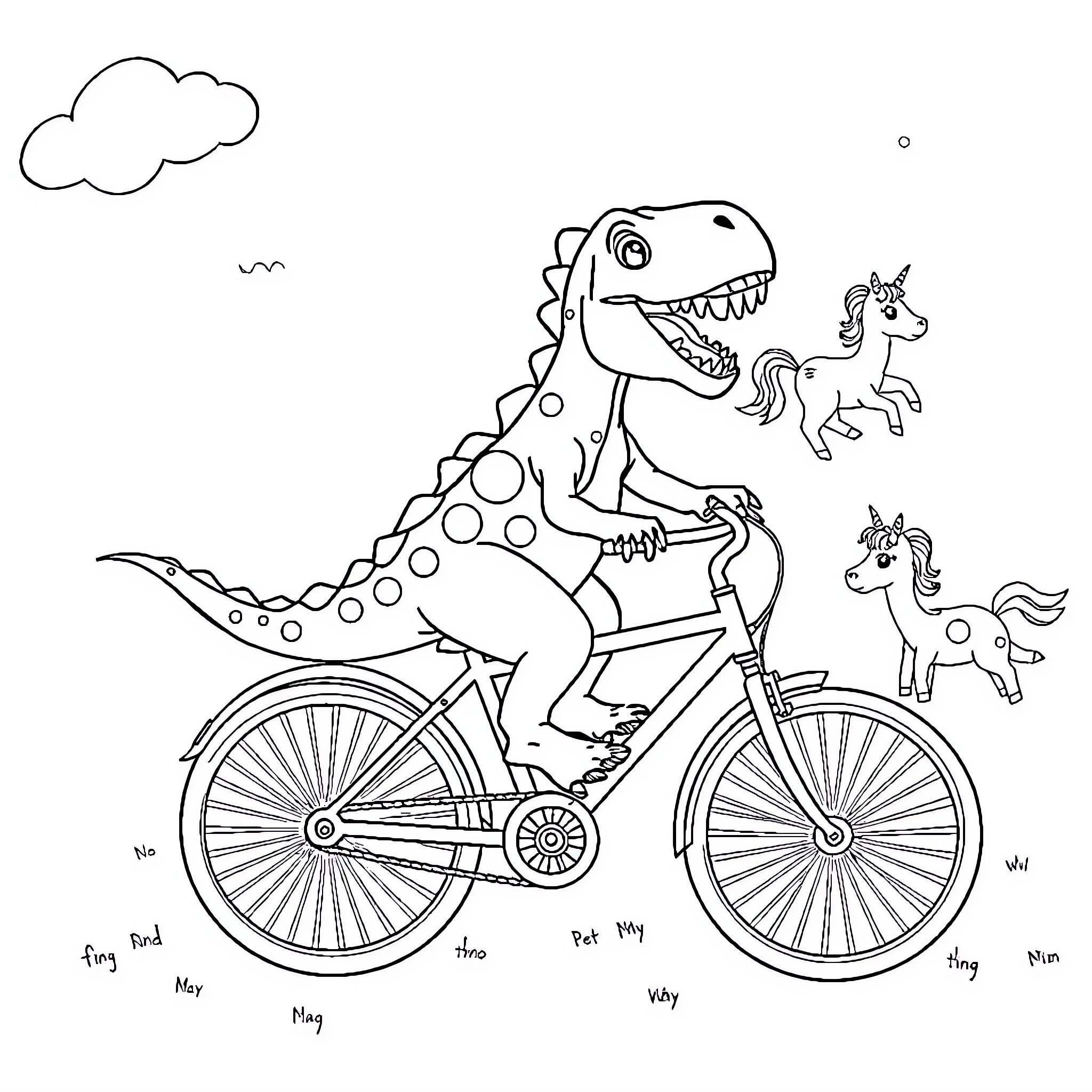Dinosaur riding a bicycle with unicorns Coloring Page (free black-and-white line drawing printable PDF for all, from beginners to advanced learners, including children, teens, adults, and seniors)