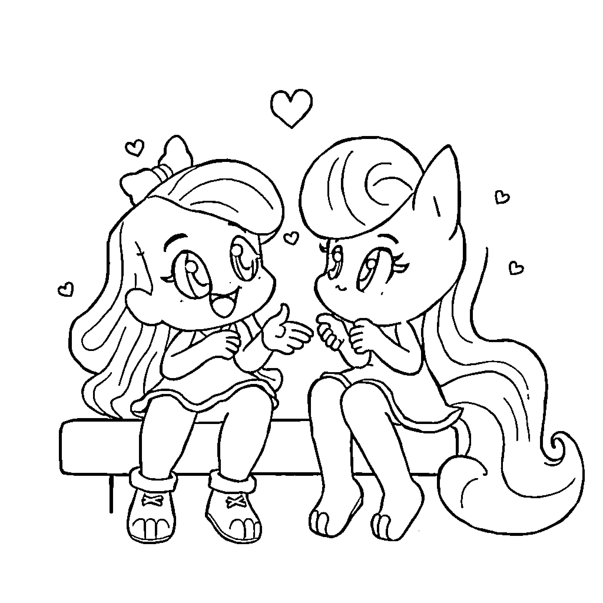 Alofoke's Charming Duo: Playful Friends on a Bench Coloring Page (free black-and-white line drawing printable PDF for all, from beginners to advanced learners, including children, teens, adults, and seniors)