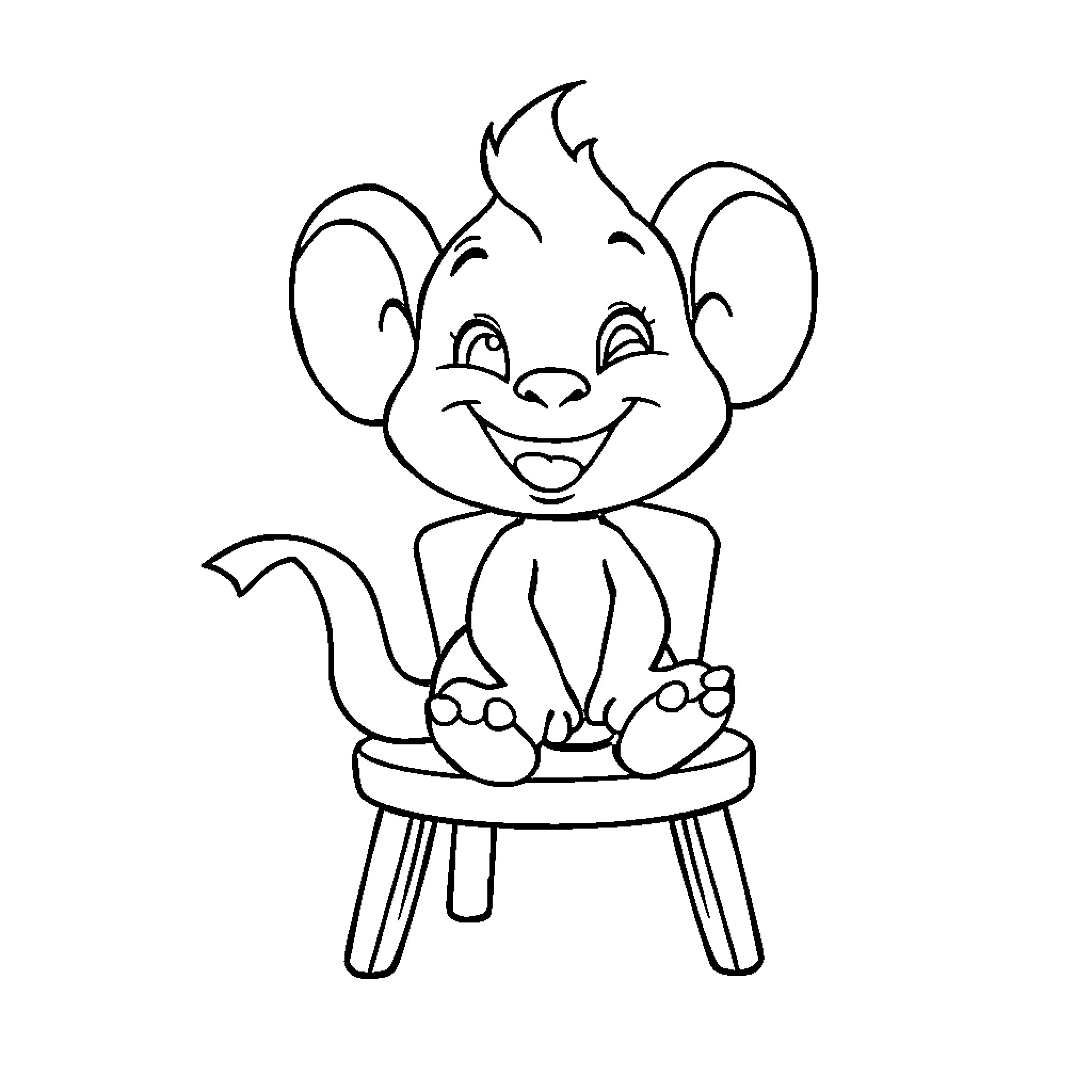 Titi the cheerful monkey sitting on a stool Coloring Page (free black-and-white line drawing printable PDF for all, from beginners to advanced learners, including children, teens, adults, and seniors)