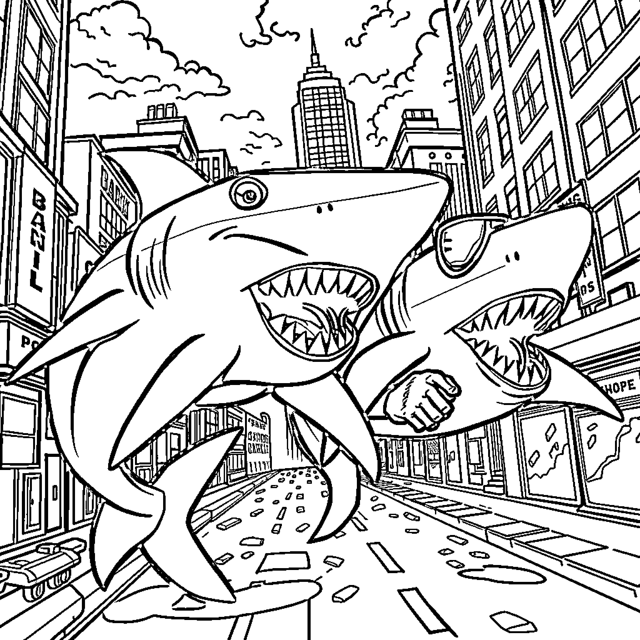 Shark duo attacking the city streets Coloring Page (free black-and-white line drawing printable PDF for all, from beginners to advanced learners, including children, teens, adults, and seniors)