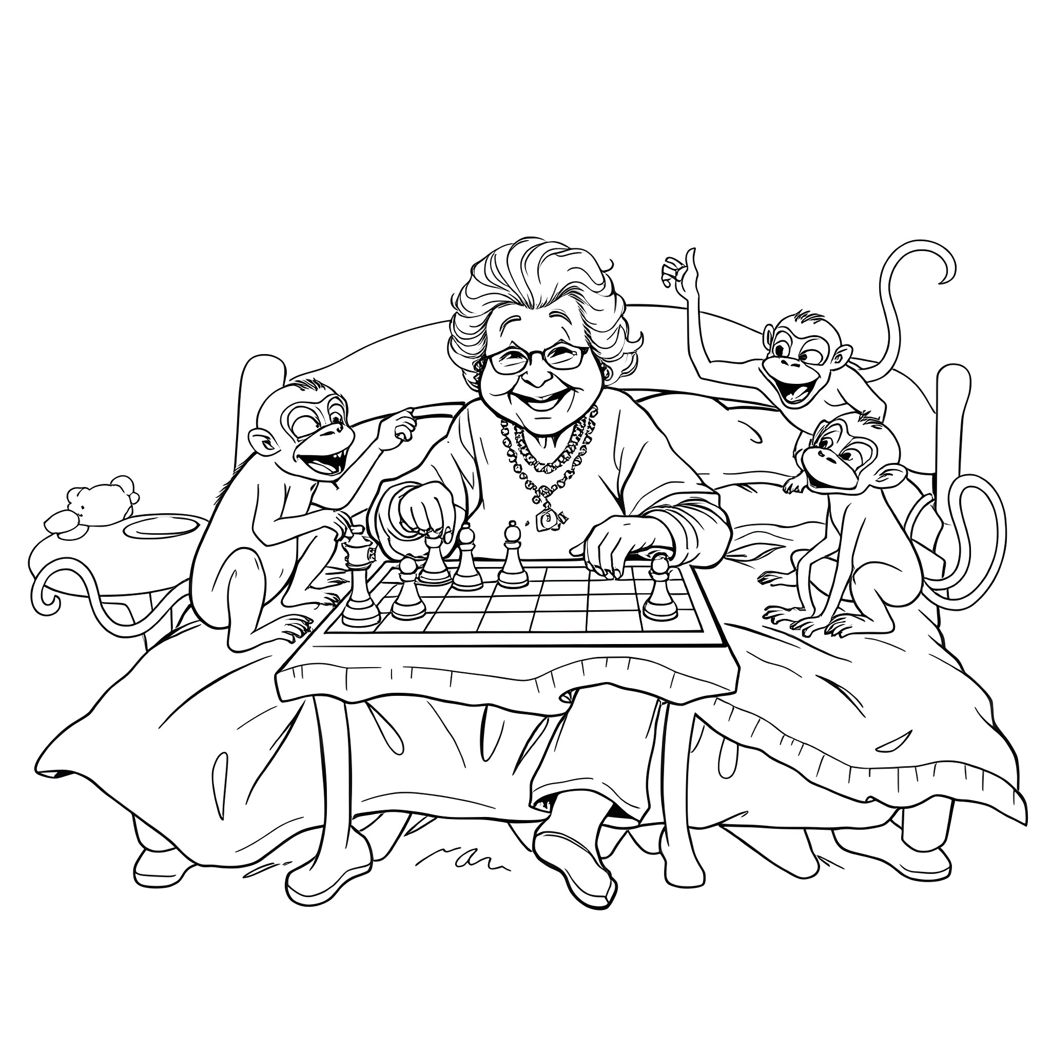 Grandma playing chess with adorable monkeys Coloring Page (free black-and-white line drawing printable PDF for all, from beginners to advanced learners, including children, teens, adults, and seniors)
